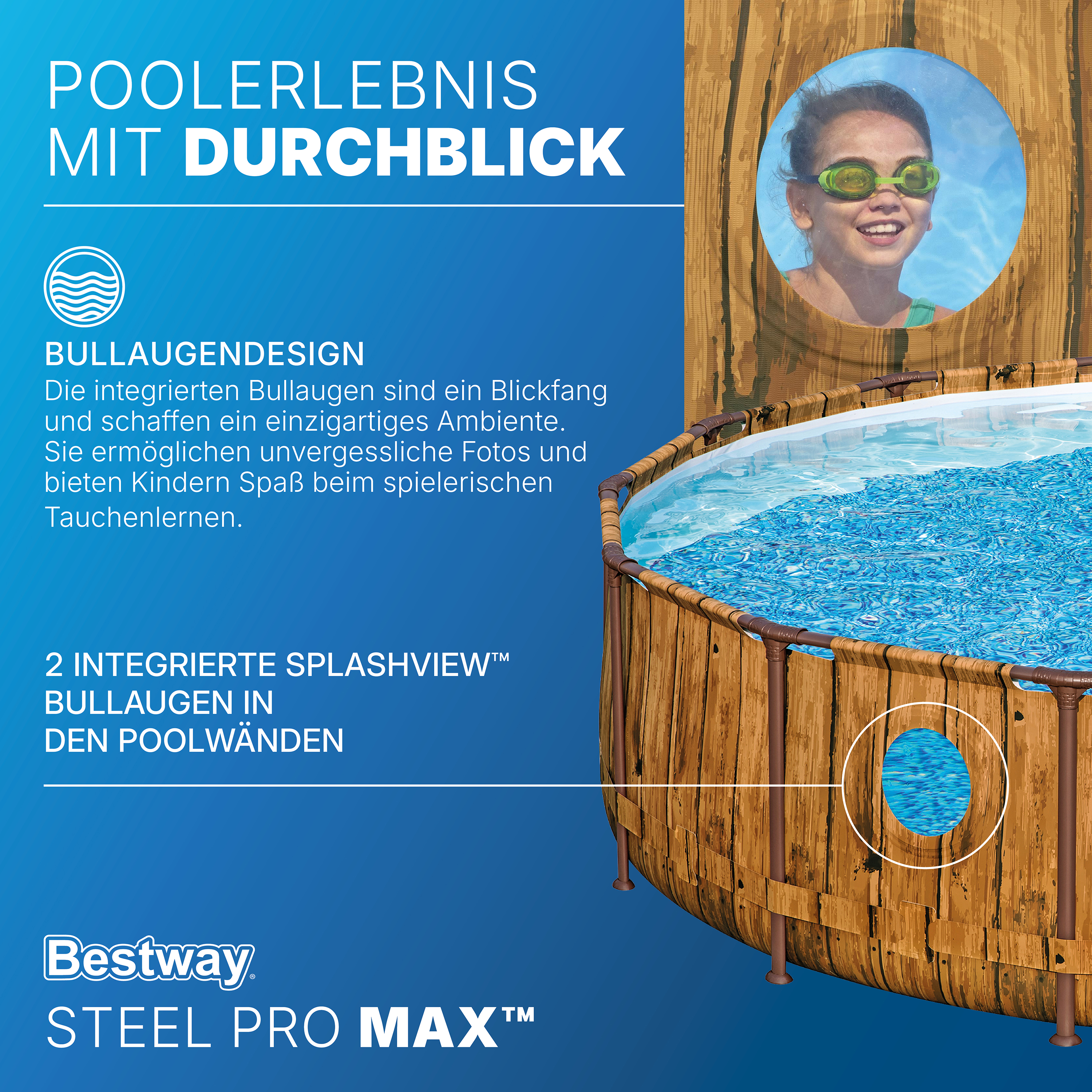 Steel Pro MAX™ Splashview™ Solo Pool ohne Zubehör Ø 427 x 107 cm, Holz-Optik (Pinie), rund