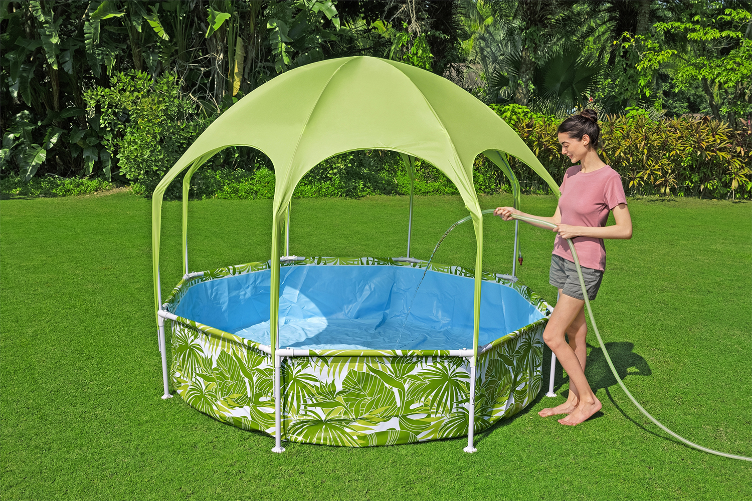 Steel Pro™ Frame Pool mit Sonnenschutzdach "Splash-in-Shade" ohne Pumpe Ø 244 x 51 cm, grünes Blätter-Design, rund 