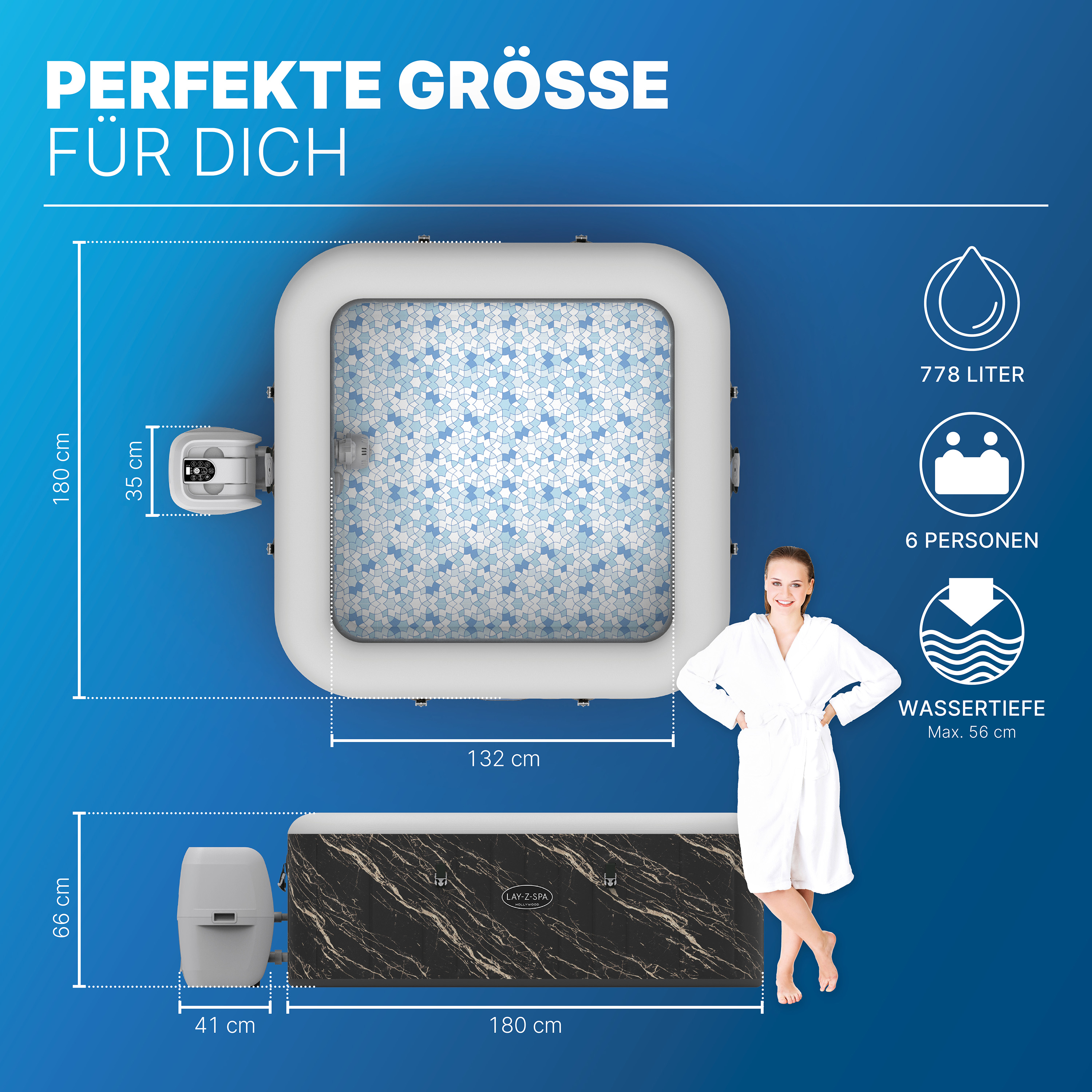 LAY-Z-SPA® LED Whirlpool Hollywood AirJet™ für 6 Personen 180 x 180 x 66 cm, Marmor-Optik (Marquinia)