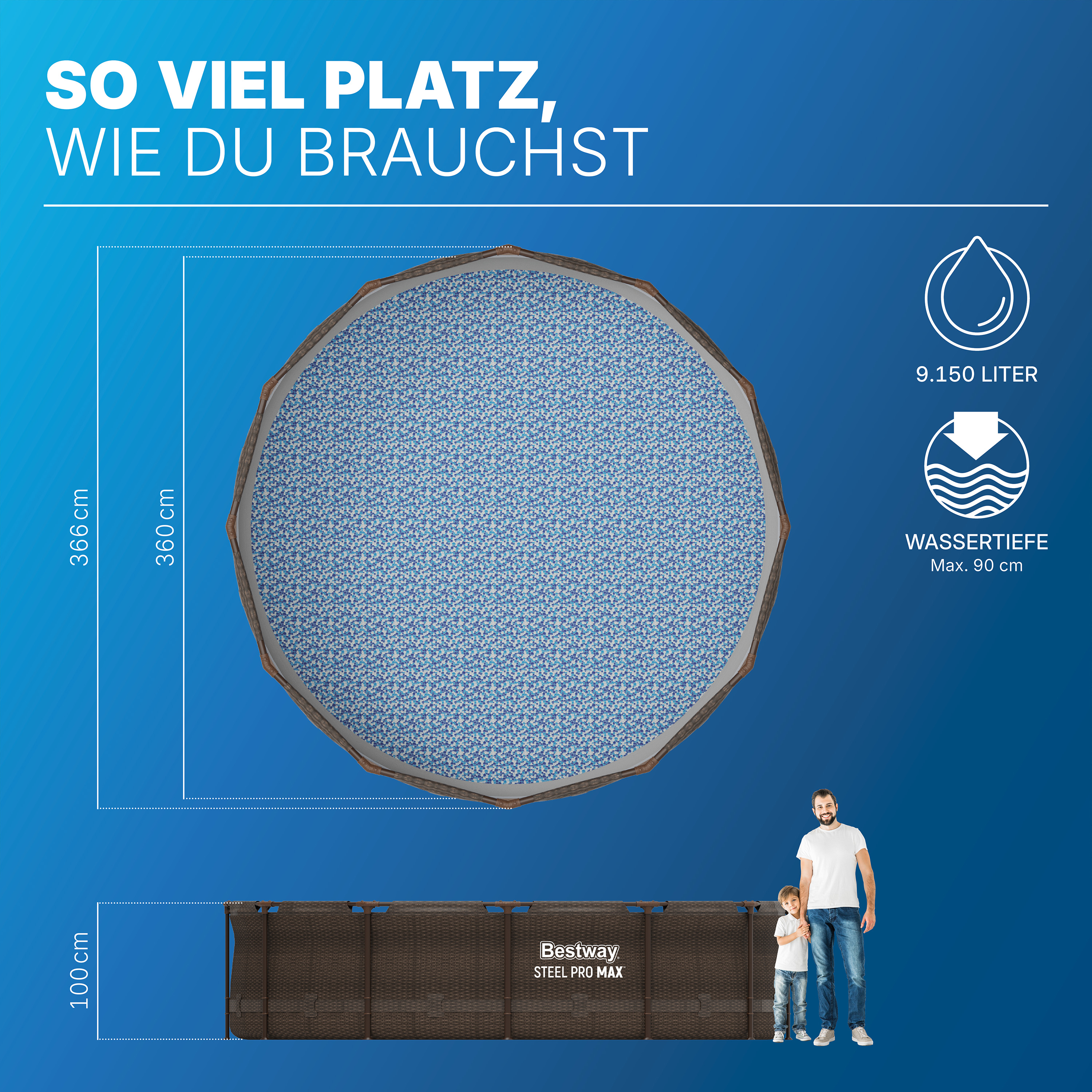 Steel Pro MAX™ Frame Pool Set mit Filterpumpe Ø 366 x 100 cm, Rattan-Optik (Schokobraun), rund