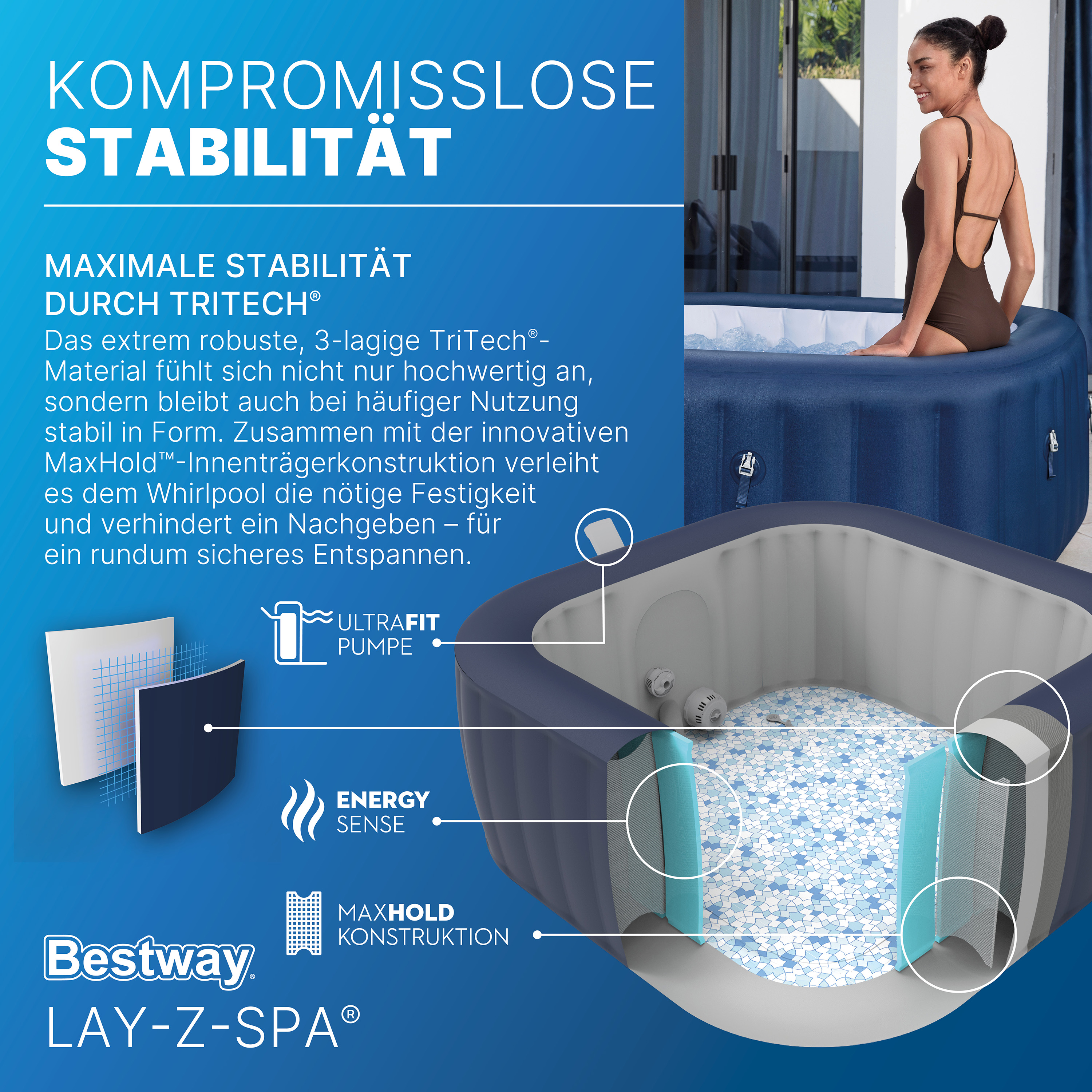 LAY-Z-SPA® Energiespar-Whirlpool Hawaii AirJet™ mit App-Steuerung, für 6 Personen, 180 x 180 x 71 cm, Kobaltblau