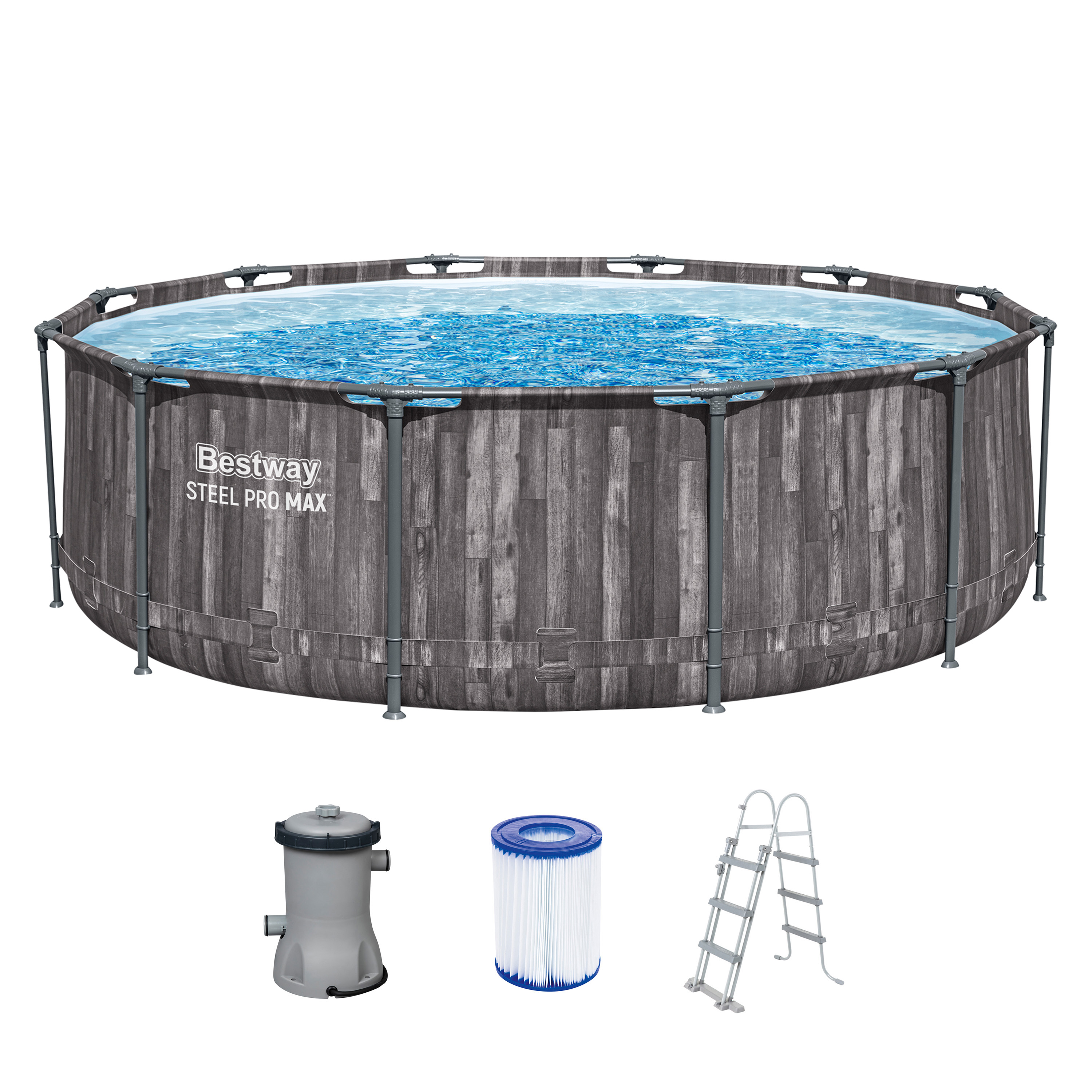Steel Pro MAX™ Frame Pool Set mit Filterpumpe Ø 366 x 100 cm, Holz-Optik (Mooreiche), rund