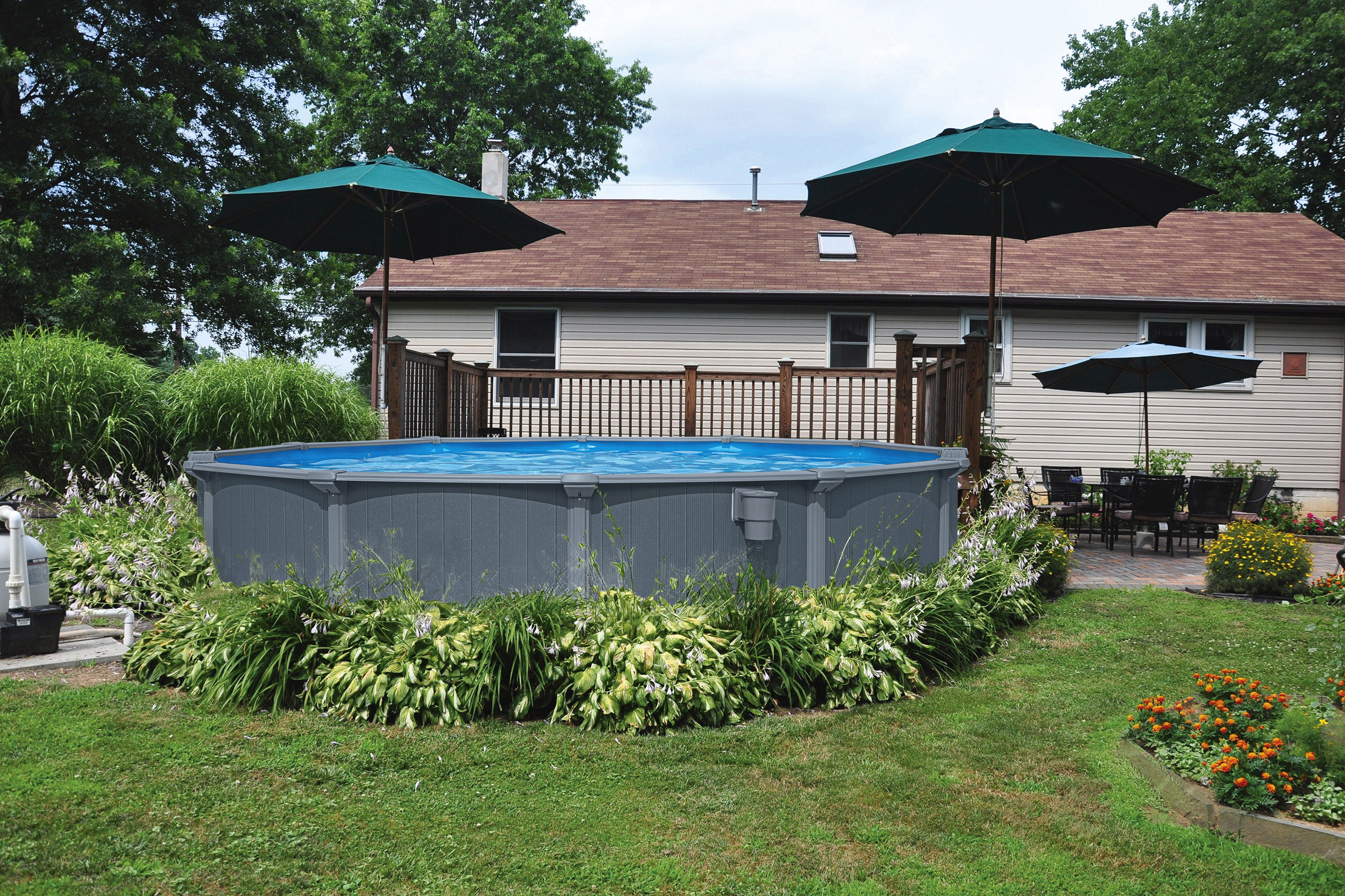 Hydrium™ Stahlwandpool Komplett Set mit Sandfilteranlage Ø 488 x 132 cm, Holz Optik (Grau), rund