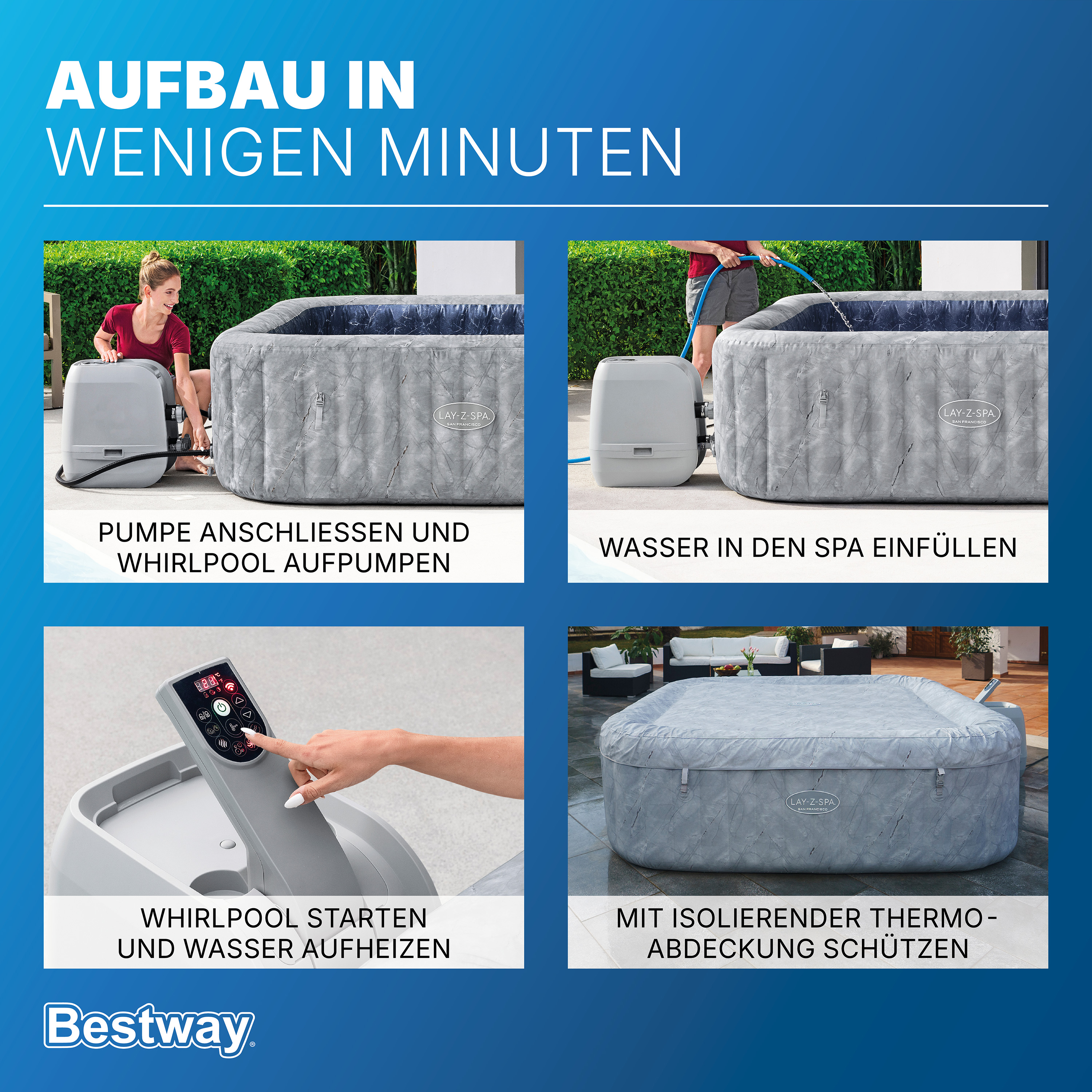 LAY-Z-SPA® WLAN-Whirlpool San Francisco HydroJet Pro™ mit App-Steuerung, für 7 Personen 230 x 230 x 71 cm, Marmor-Optik (Samtgrau)