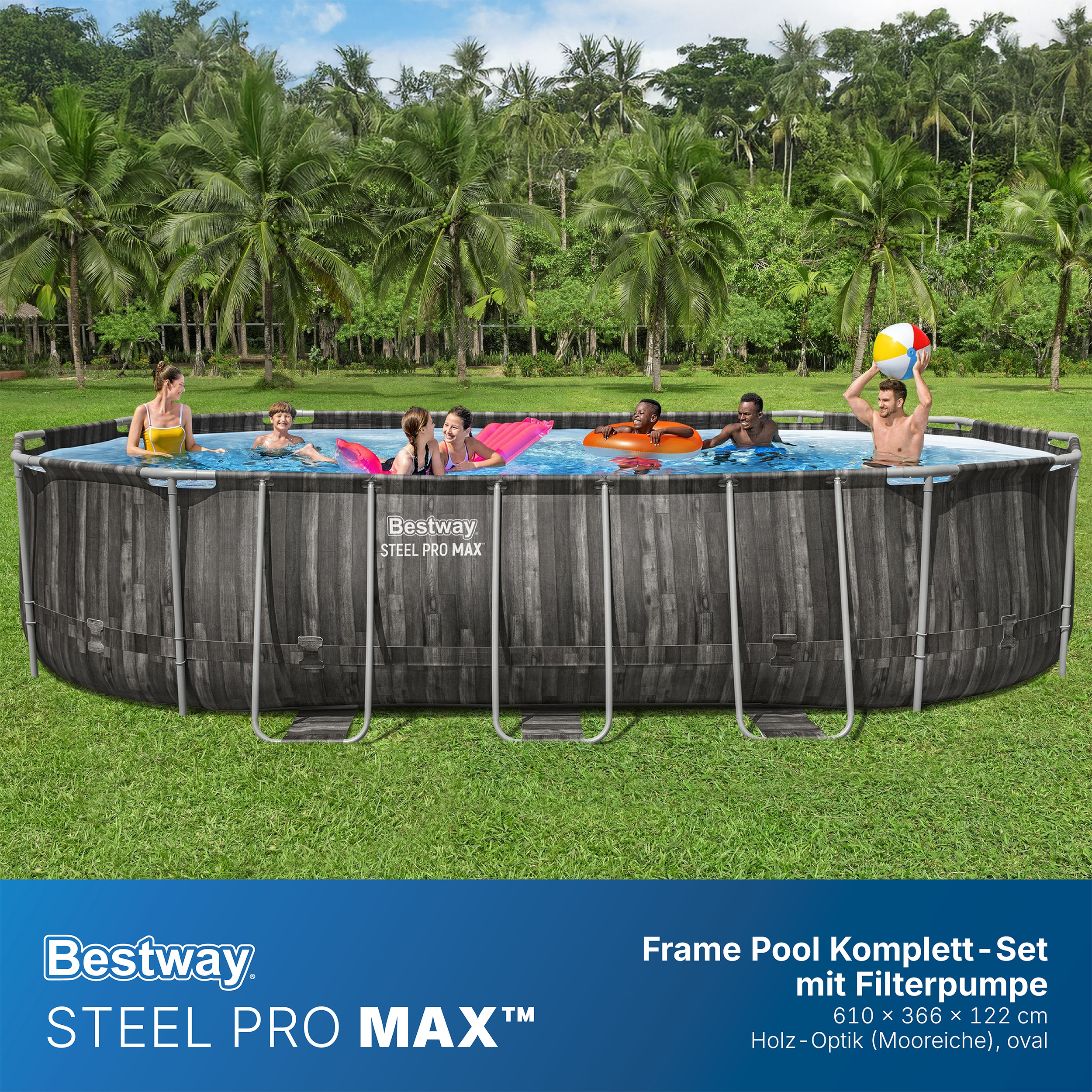 Steel Pro MAX™ Frame Pool Komplett Set mit Filterpumpe 610 x 366 x 122 cm , Holz-Optik (Mooreiche), oval