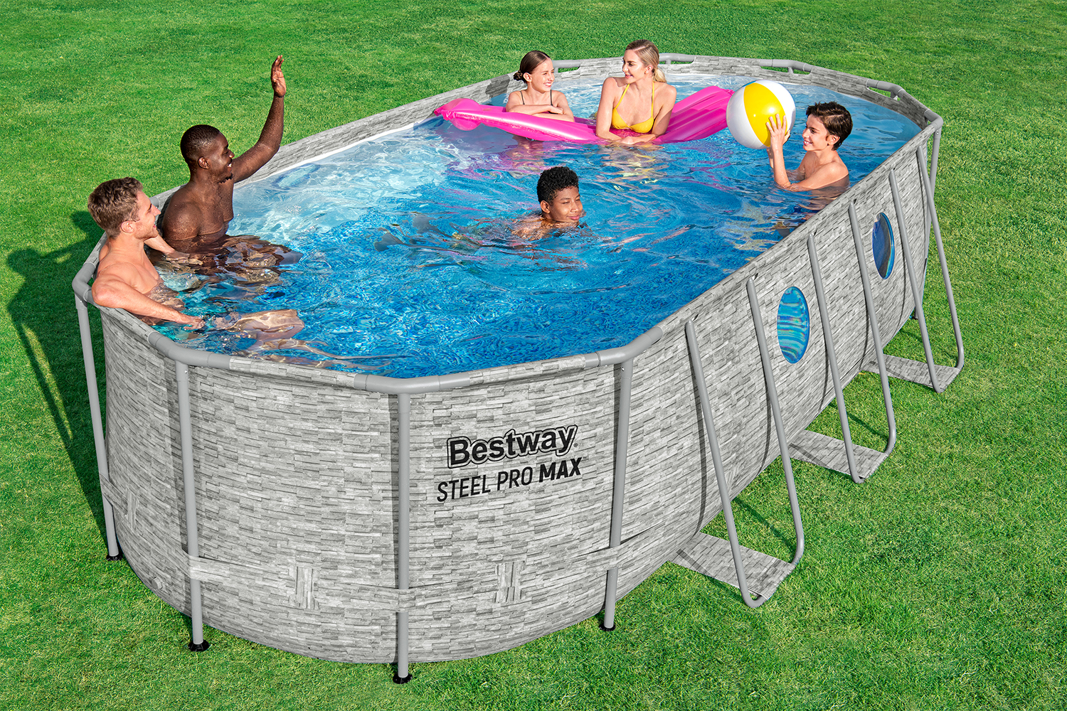 Steel Pro MAX™ Splashview™ Frame Pool Komplett-Set mit Filterpumpe 549 x 274 x 122 cm, Steinwand-Optik (Cremegrau), oval