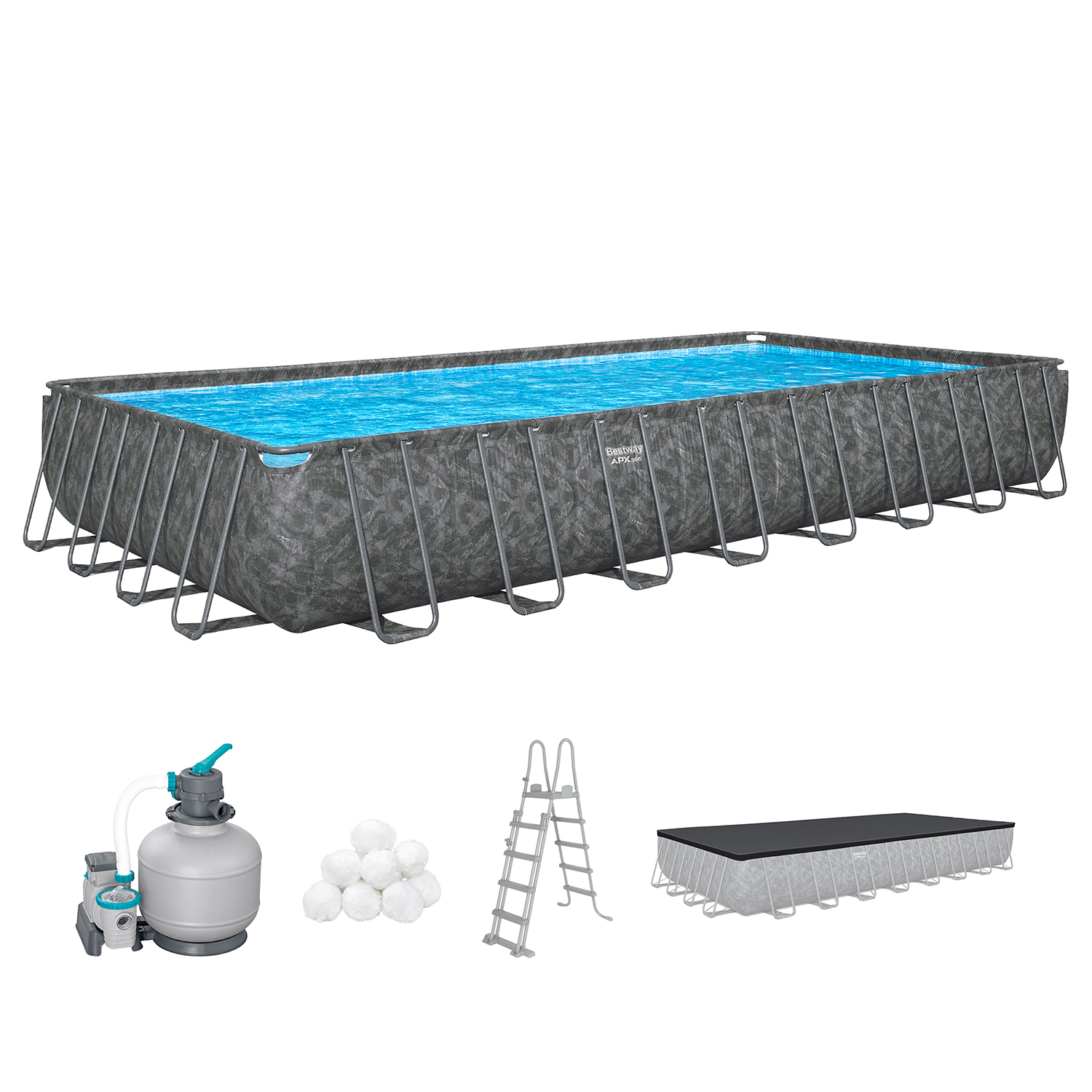APX365™ Winterfestes Frame Pool Komplett Set mit Sandfilteranlage 956 x 488 x 132 cm, Marmor-Optik (Dunkel), eckig APX365™ Winterfestes Frame Pool Komplett Set mit Sandfilteranlage 956 x 488 x 132 cm, Marmor-Optik (Dunkel), eckig