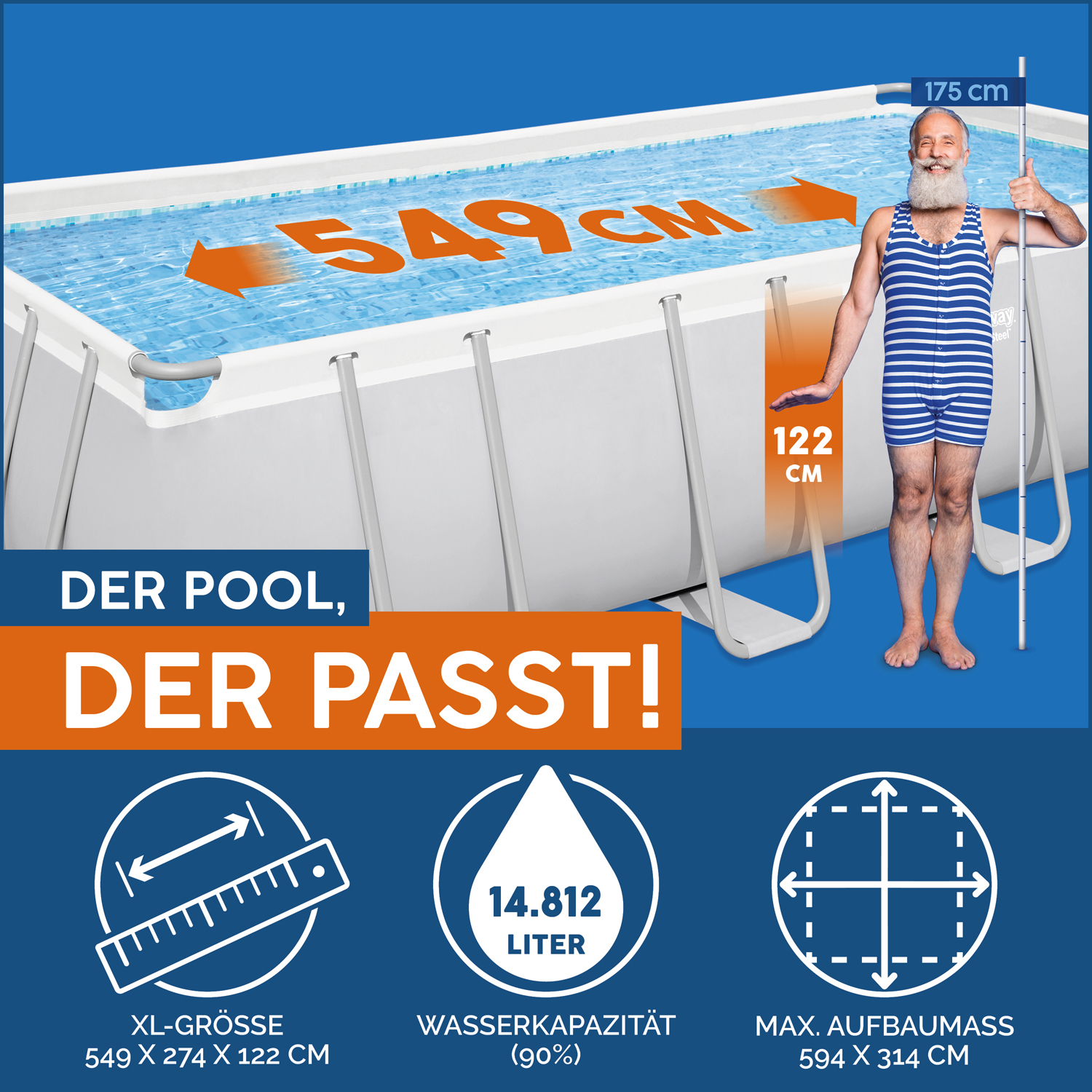Power Steel™ Frame Pool Komplett-Set mit Sandfilteranlage 549 x 274 x 122 cm, lichtgrau, eckig