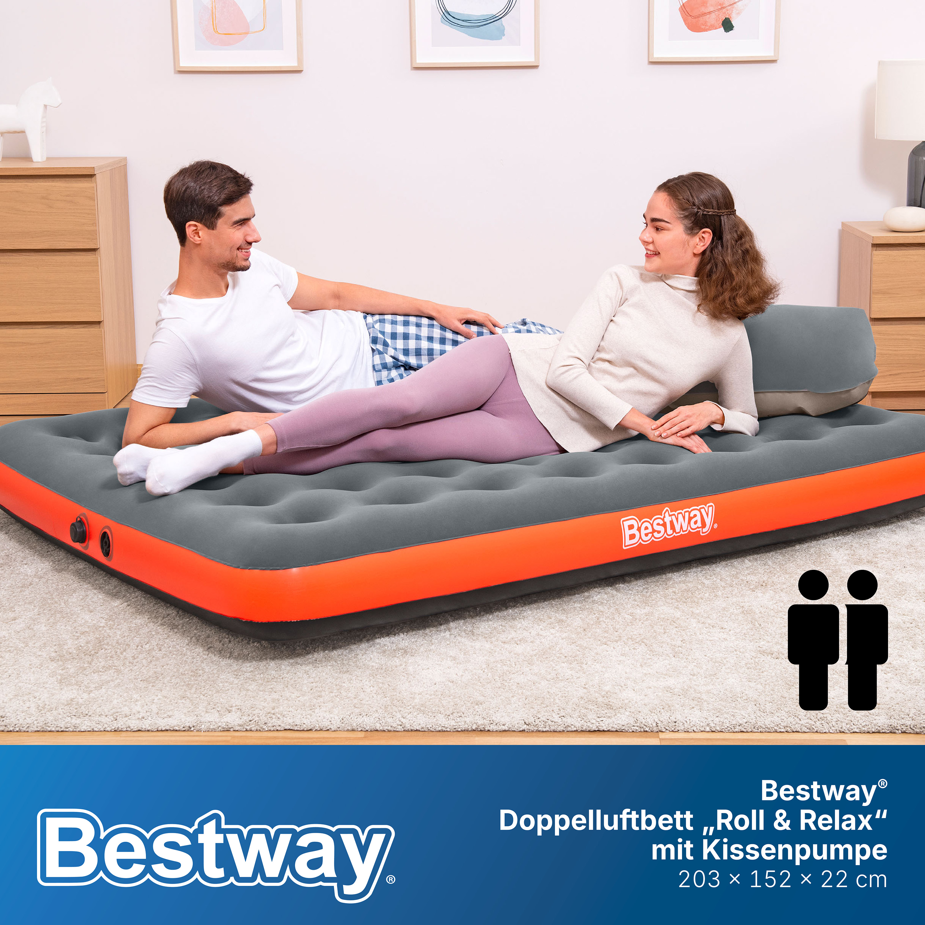 Doppelluftbett Roll & Relax mit Kissenpumpe 203 x 152 x 22 cm