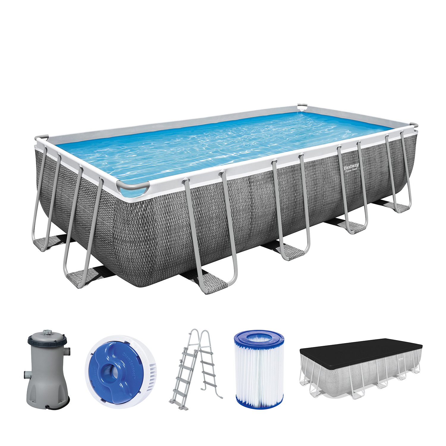 Power Steel™ Frame Pool Komplett Set mit Filterpumpe 488 x 244 x 122 cm, Rattan-Optik (Schiefergrau), eckig