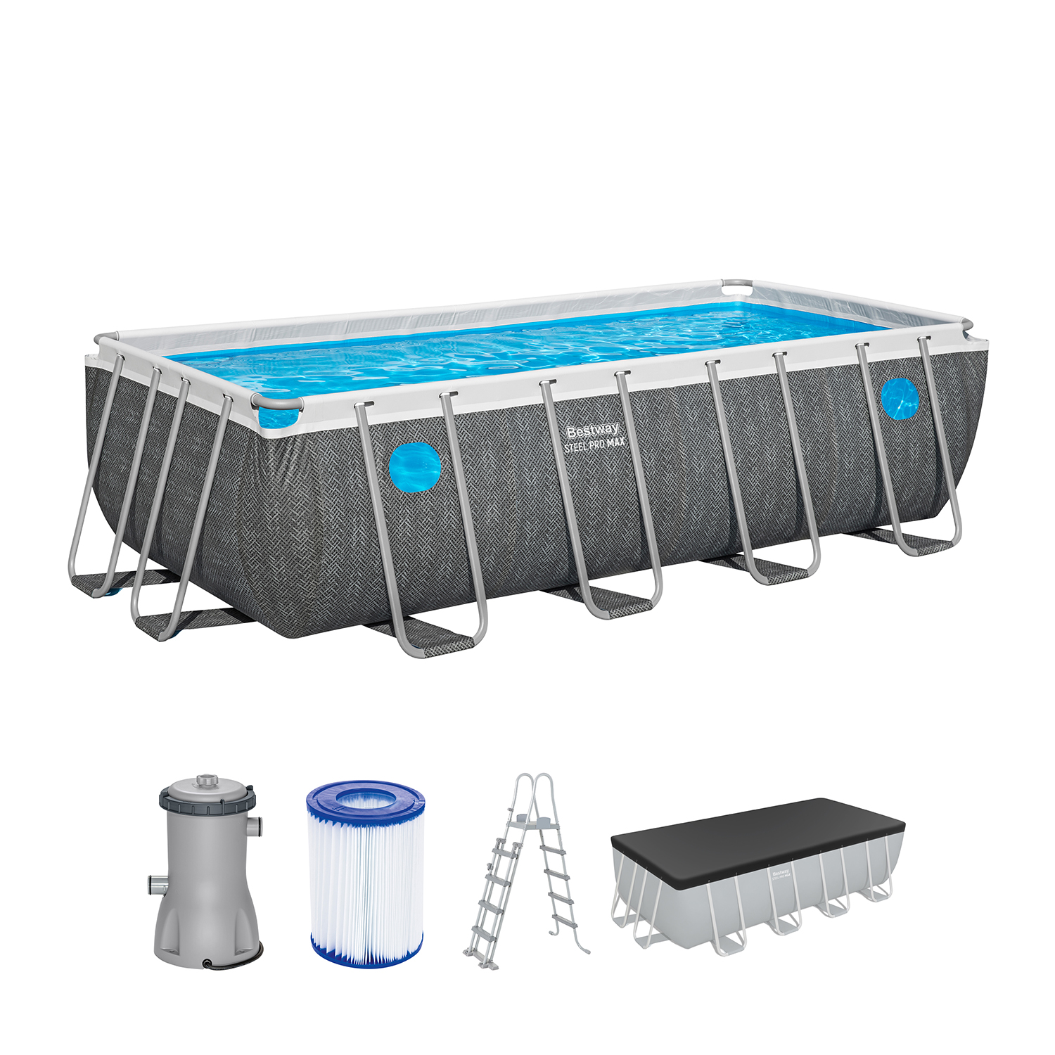 Steel Pro MAX™ Splashview™ Frame Pool Komplett Set mit Filterpumpe  488 x 244 x 122 cm, Rattan-Optik (Schiefergrau), eckig