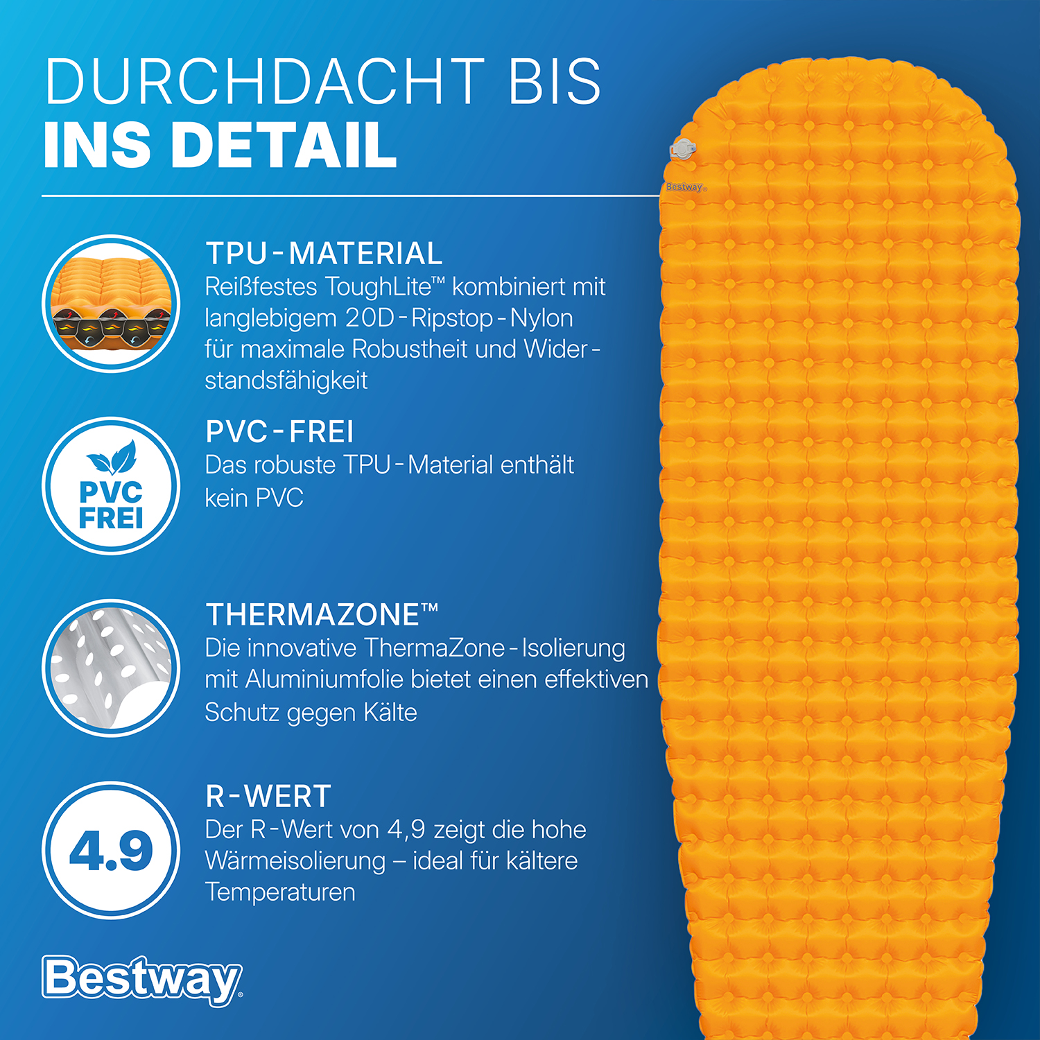 Aufblasbare Single XL TPU Isomatte Ridgelite™ für Mumienschlafsäcke 193 x 63,5 x 7,5 cm Aufblasbare Single XL TPU Isomatte Ridgelite™ für Mumienschlafsäcke 193 x 63,5 x 7,5 cm