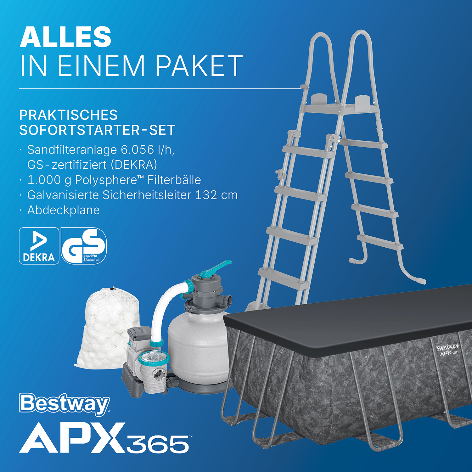 APX365™ Winterfestes Frame Pool Komplett-Set mit Sandfilteranlage 549 x 274 x 132 cm, Marmor-Optik (Dunkel), eckig