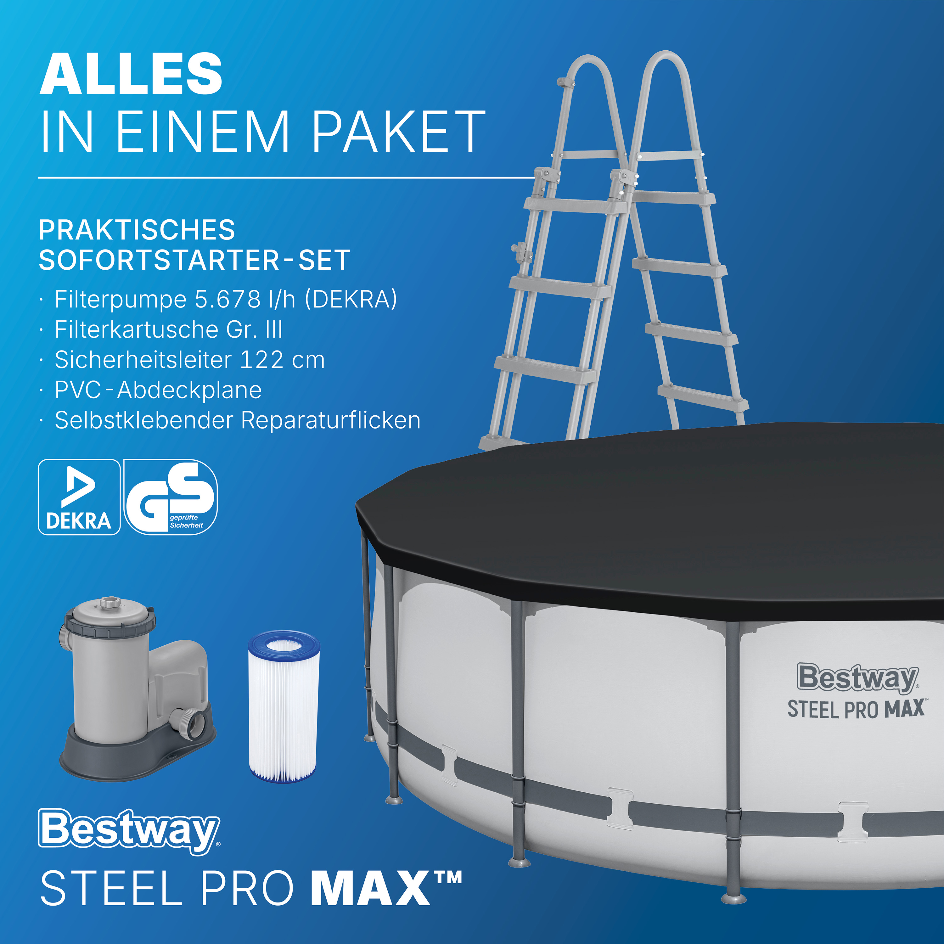 Steel Pro MAX™ Frame Pool Komplett Set mit Filterpumpe Ø 488 x 122 cm , lichtgrau, rund