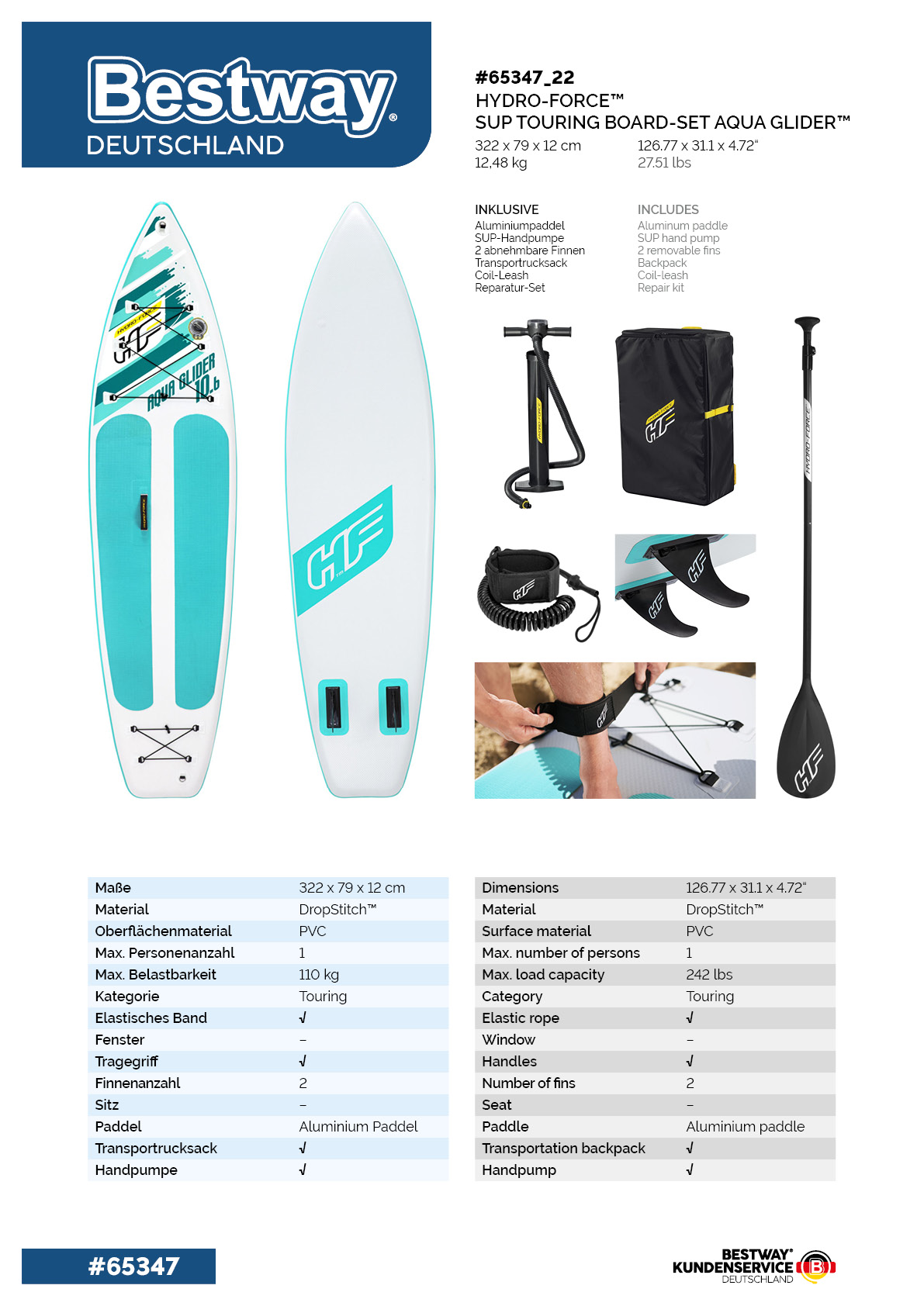 Hydro-Force™ SUP Touring Board-Set Aqua Glider™ 322 x 79 x 12 cm