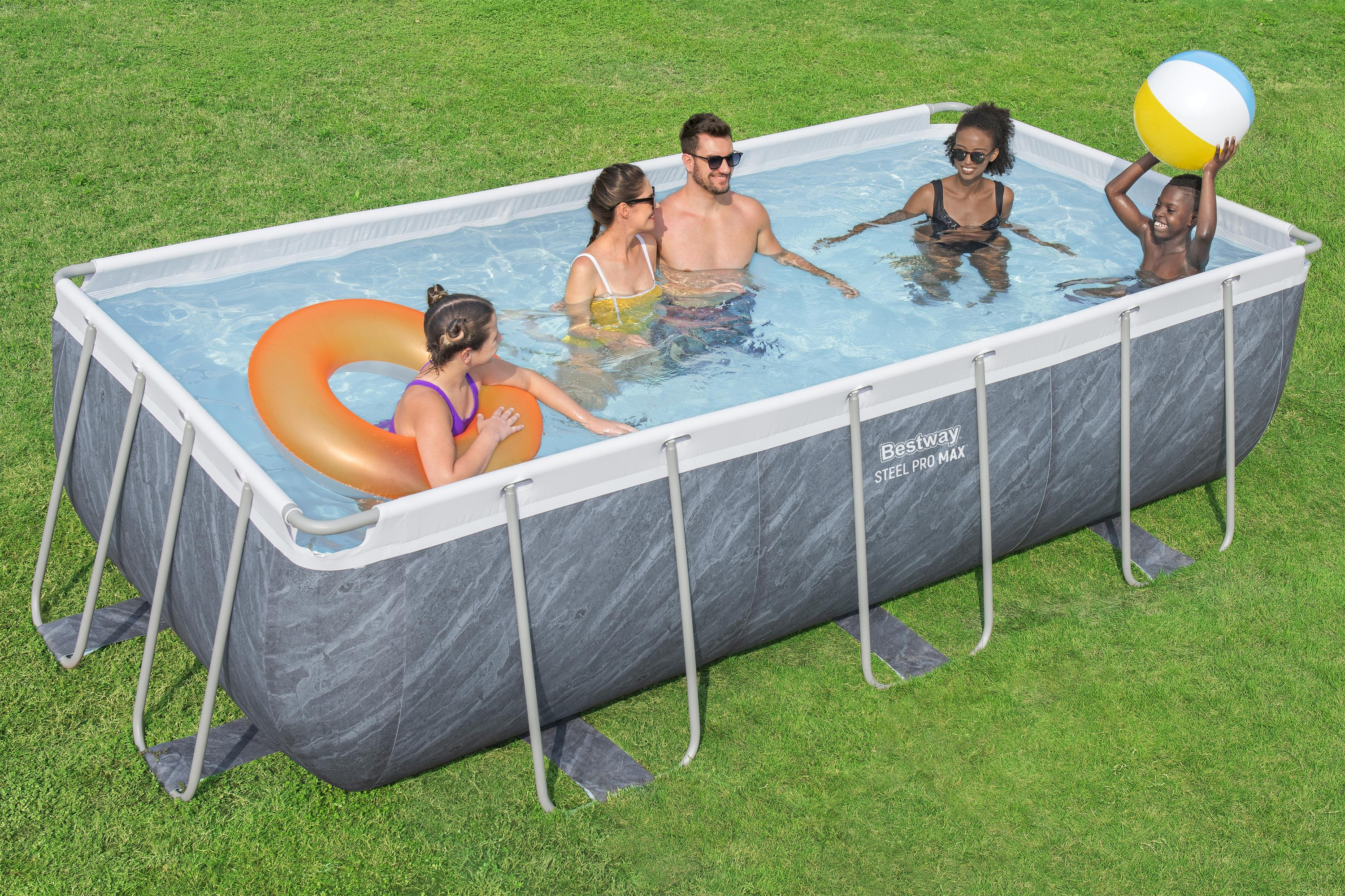 Steel Pro MAX™ Frame Pool Set mit Filterpumpe 404 x 201 x 100 cm, Marmor-Optik (Schiefergrau), eckig