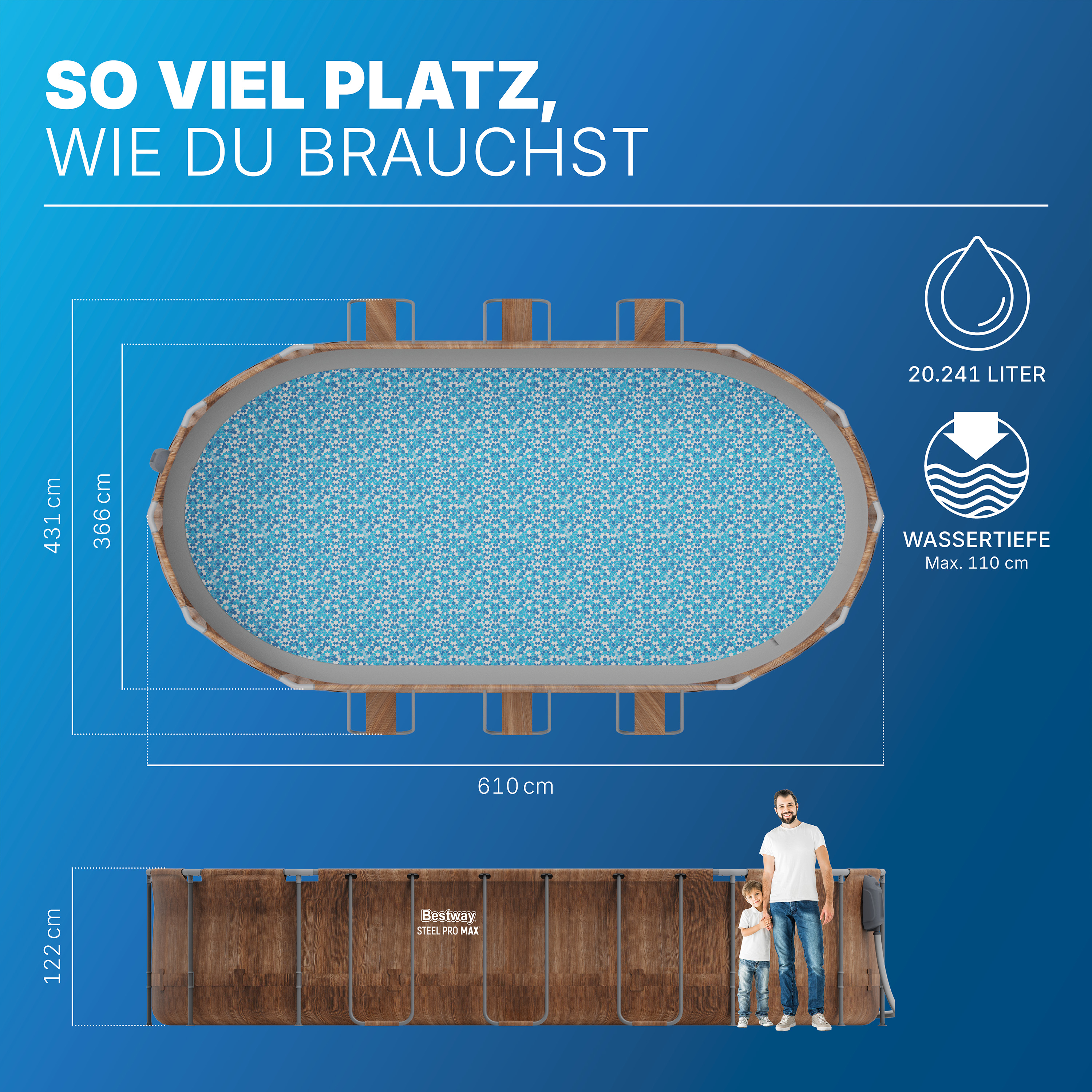 Steel Pro MAX™ Comfort Jet Series™ Frame Pool Set mit Filterpumpe 610 x 366 x 122 cm, Holz-Optik (Pinie), oval