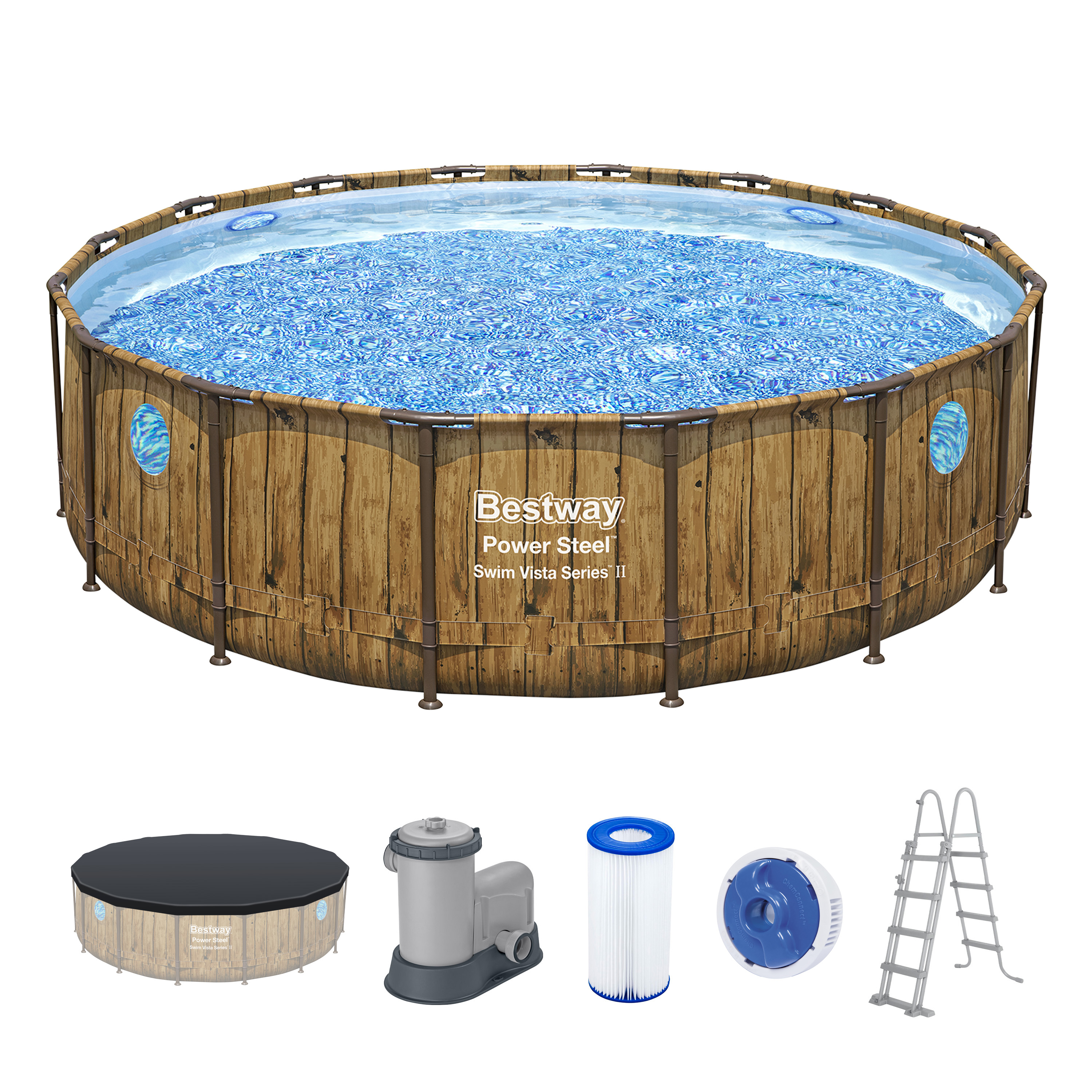 Power Steel™ Swim Vista Series™ Frame Pool Komplett Set mit Filterpumpe Ø 488 x 122 cm, Holz-Optik (Pinie), rund