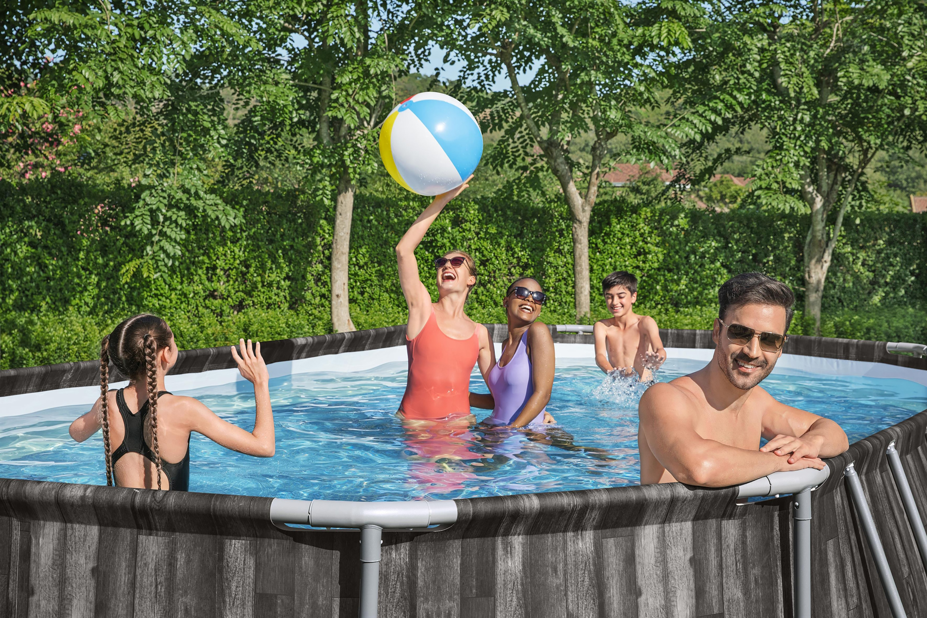 Steel Pro MAX™ Frame Pool Komplett Set mit Filterpumpe 610 x 366 x 122 cm , Holz-Optik (Mooreiche), oval