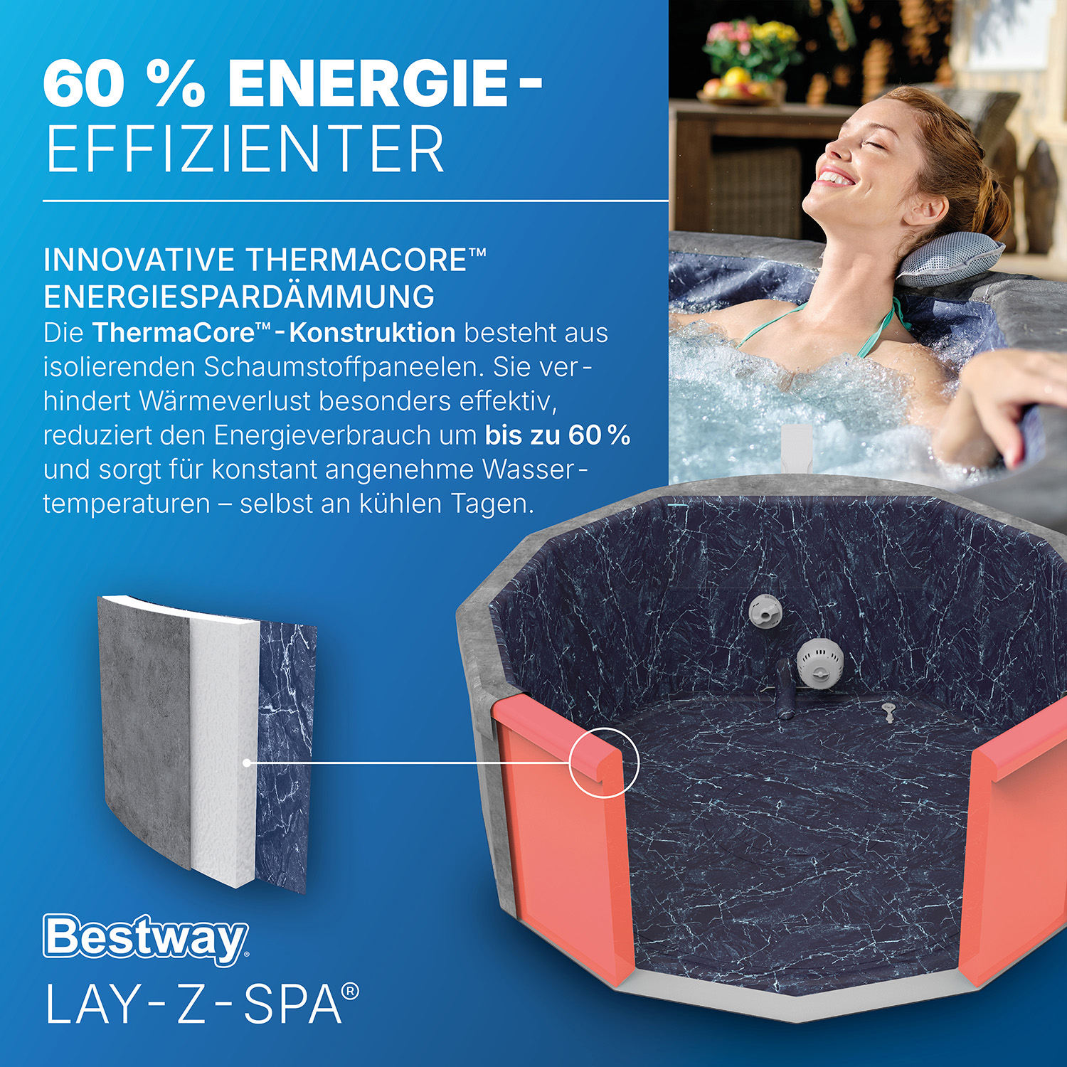 LAY-Z-SPA® Energiespar Whirlpool Carrara AirJet™ mit App-Steuerung, für 6 Personen, Ø 170 x 65 cm, Alabaster-Optik