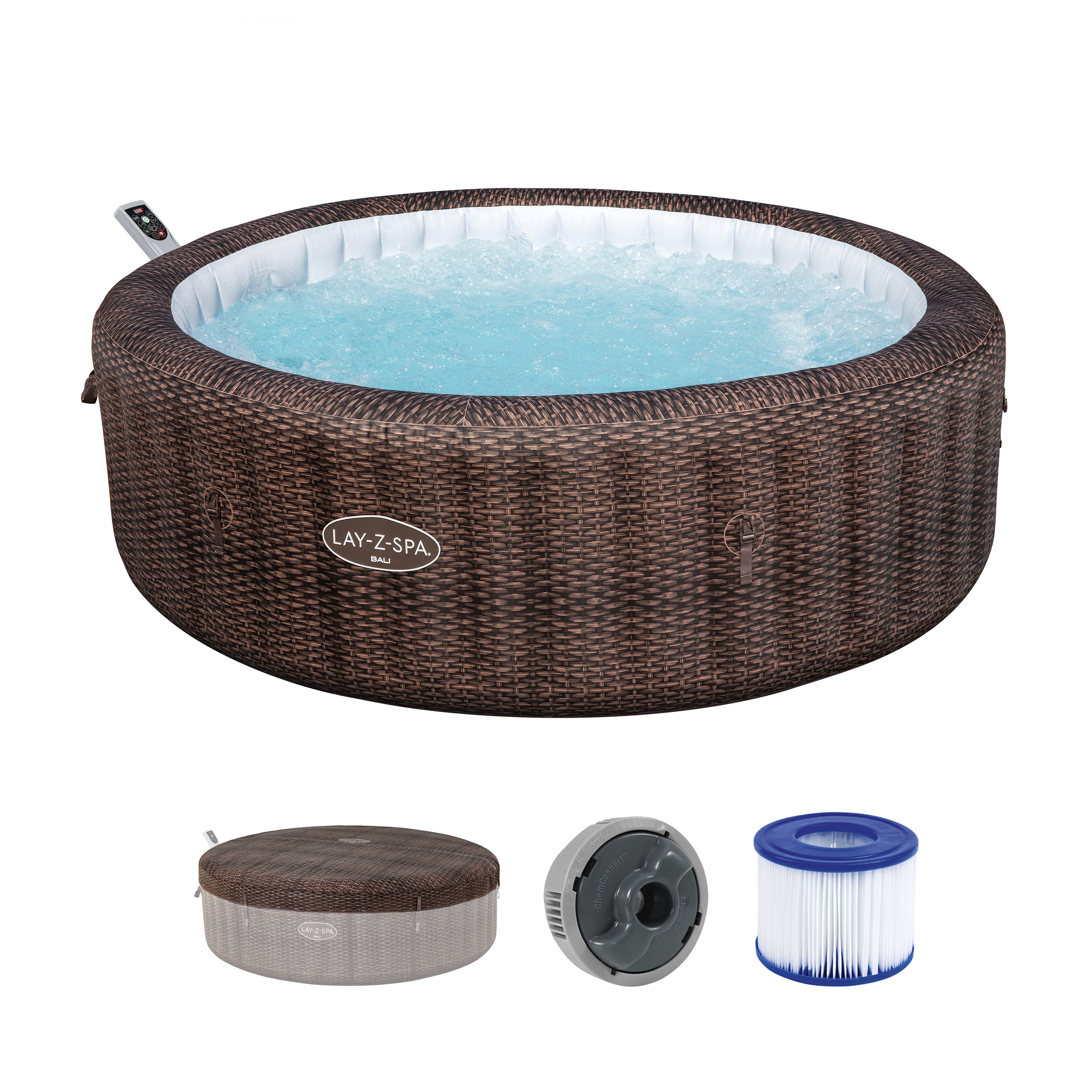 LAY-Z-SPA® WLAN-Whirlpool Bali AirJet™ mit App-Steuerung, für 7 Personen, Ø 216 x 71 cm, Rattan-Optik (Schokobraun)