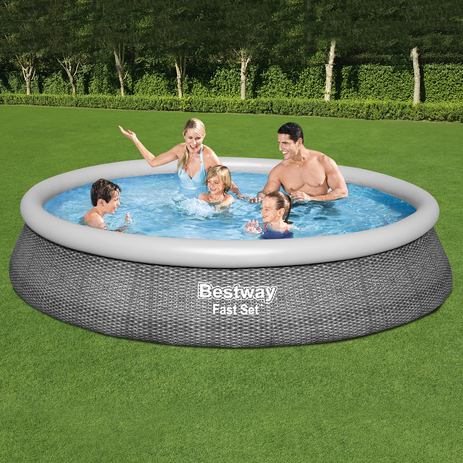 Fast Set™ Aufstellpool-Set mit Filterpumpe Ø 396 x 84 cm, Rattan-Optik (Schiefergrau), rund