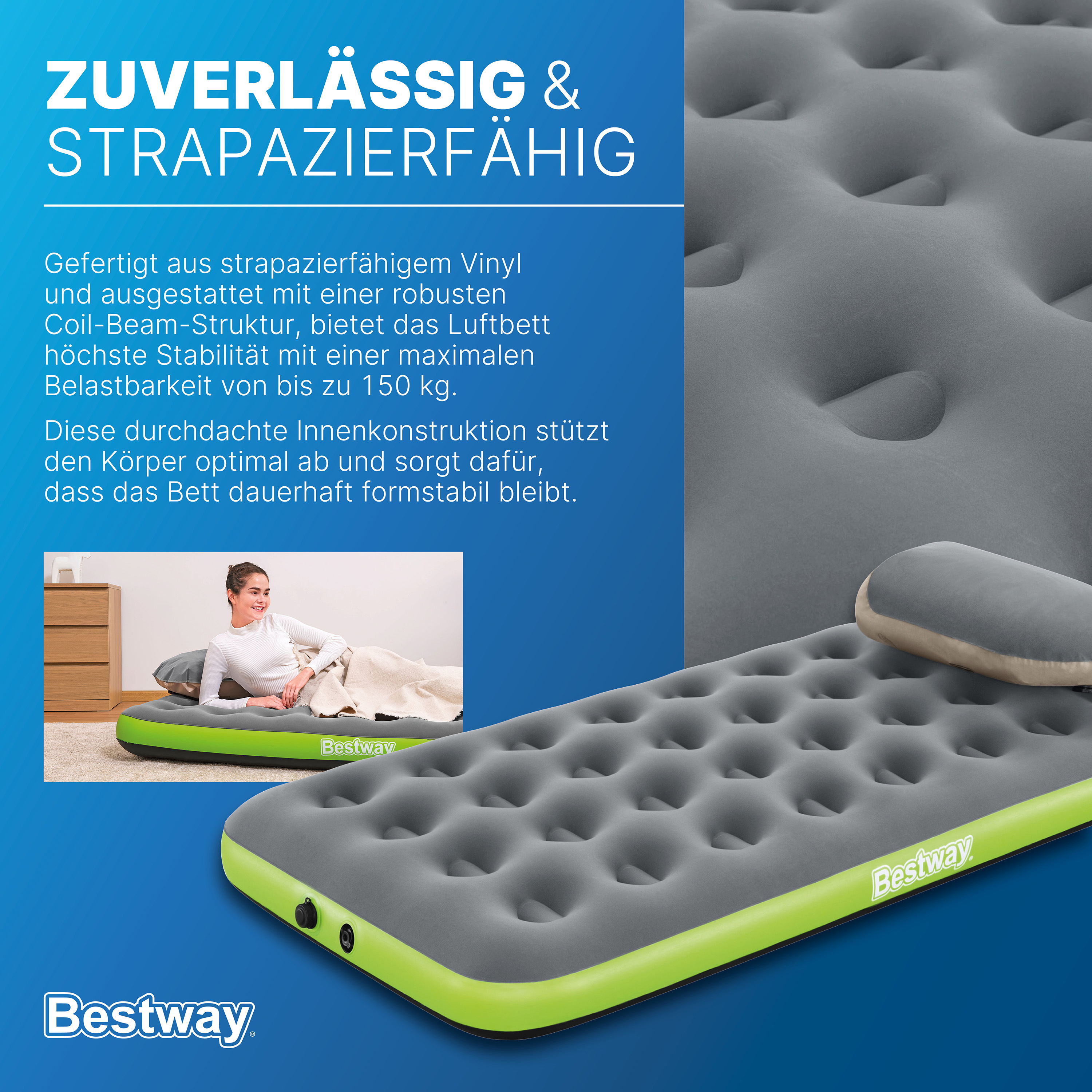 Single Luftbett Roll & Relax mit Kissenpumpe 188 x 99 x 22 cm