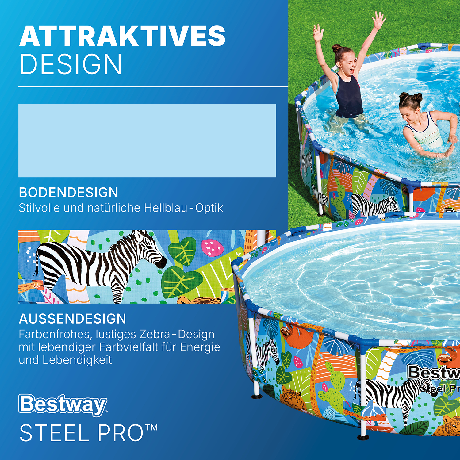 Steel Pro™ Frame Pool ohne Pumpe Ø 305 x 66 cm, buntes Zebra-Design, rund