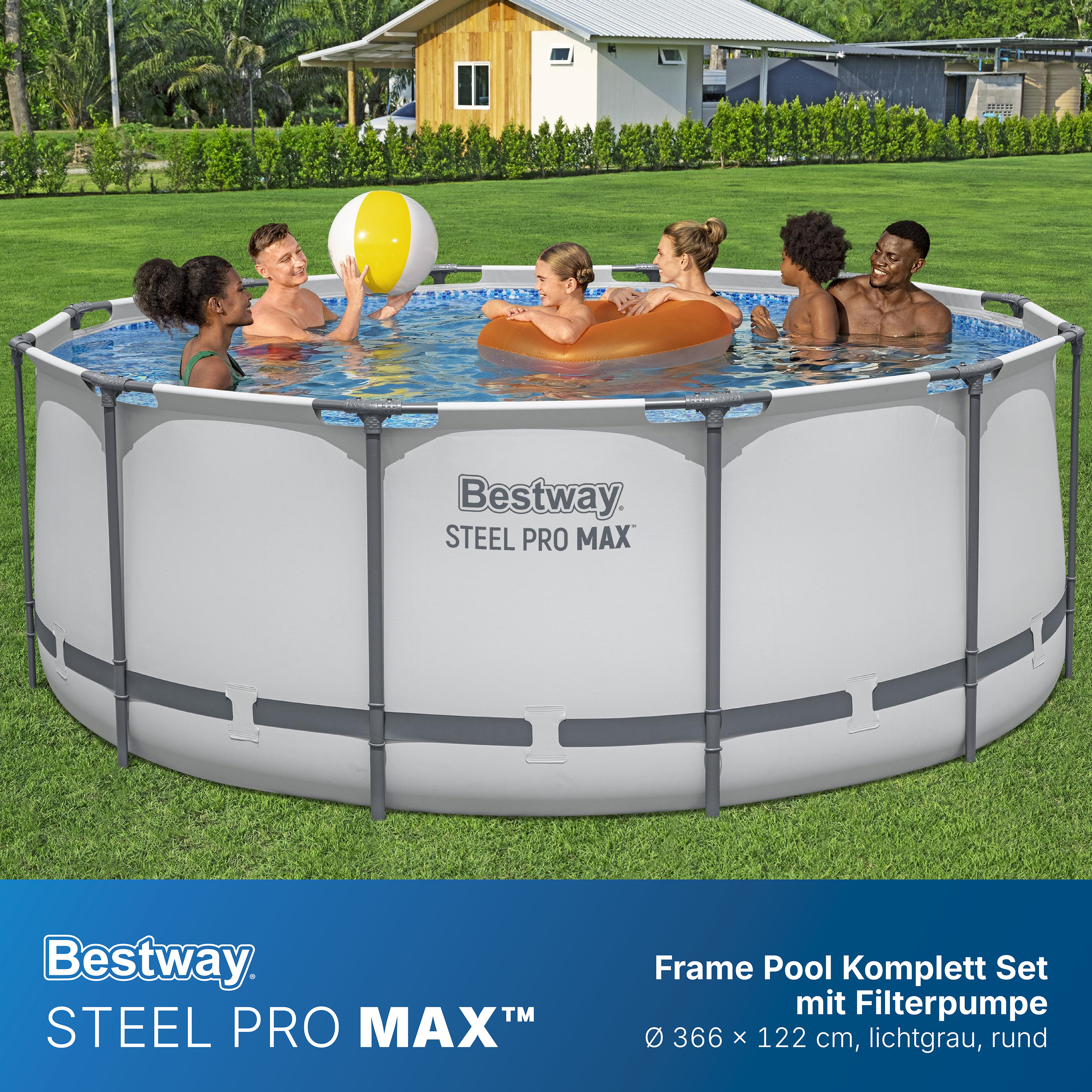 Steel Pro MAX™ Frame Pool Komplett Set mit Filterpumpe Ø 366 x 122 cm, lichtgrau, rund