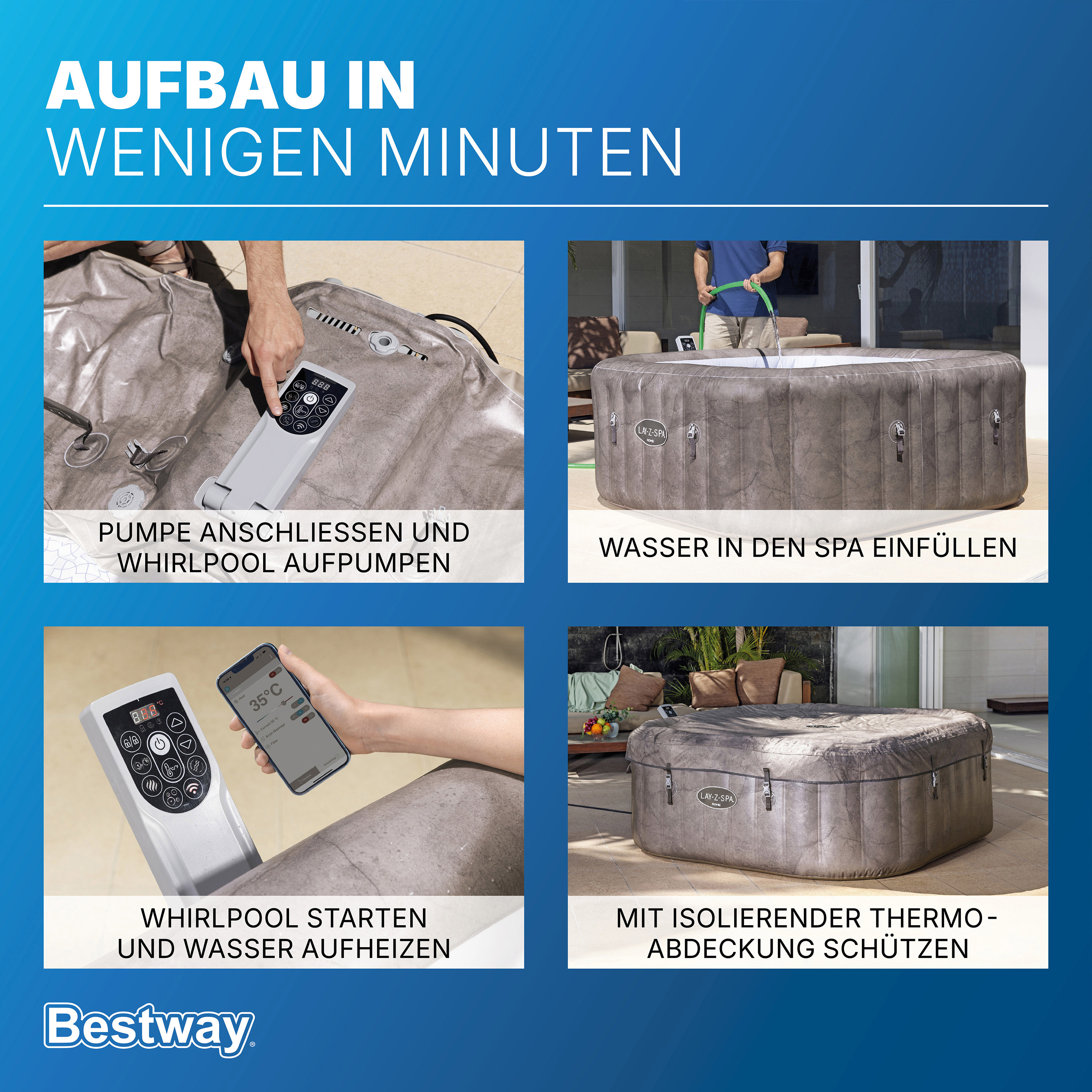 LAY-Z-SPA® WLAN-Whirlpool Rome AirJet™ mit App-Steuerung, für 6 Personen, 180 x 180 x 71 cm, Marmor-Optik (Braun)