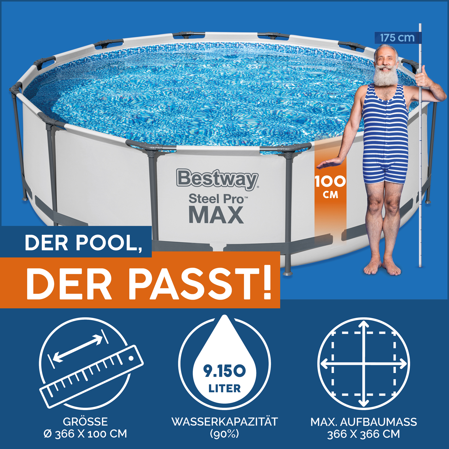 Steel Pro MAX™ Frame Pool Set mit Filterpumpe Ø 366 x 100 cm, lichtgrau, rund
