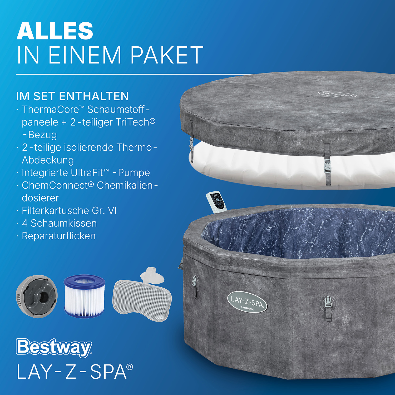 LAY-Z-SPA® Energiespar Whirlpool Carrara AirJet™ mit App-Steuerung, für 6 Personen, Ø 170 x 65 cm, Alabaster-Optik