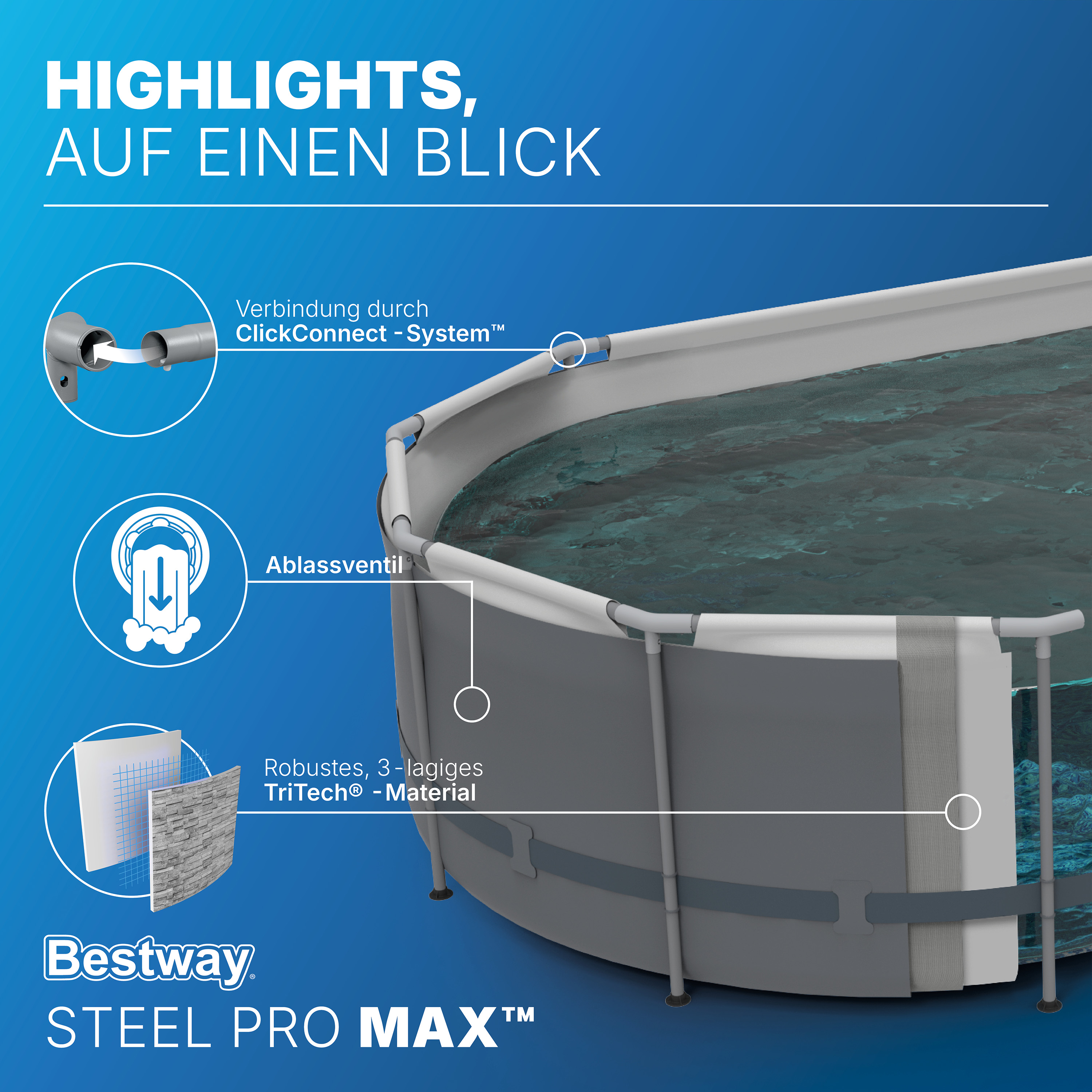 Steel Pro MAX™ Splashview™ Frame Pool Komplett Set mit Sandfilteranlage 488 x 305 x 107 cm , Steinwand-Optik (Cremegrau), oval