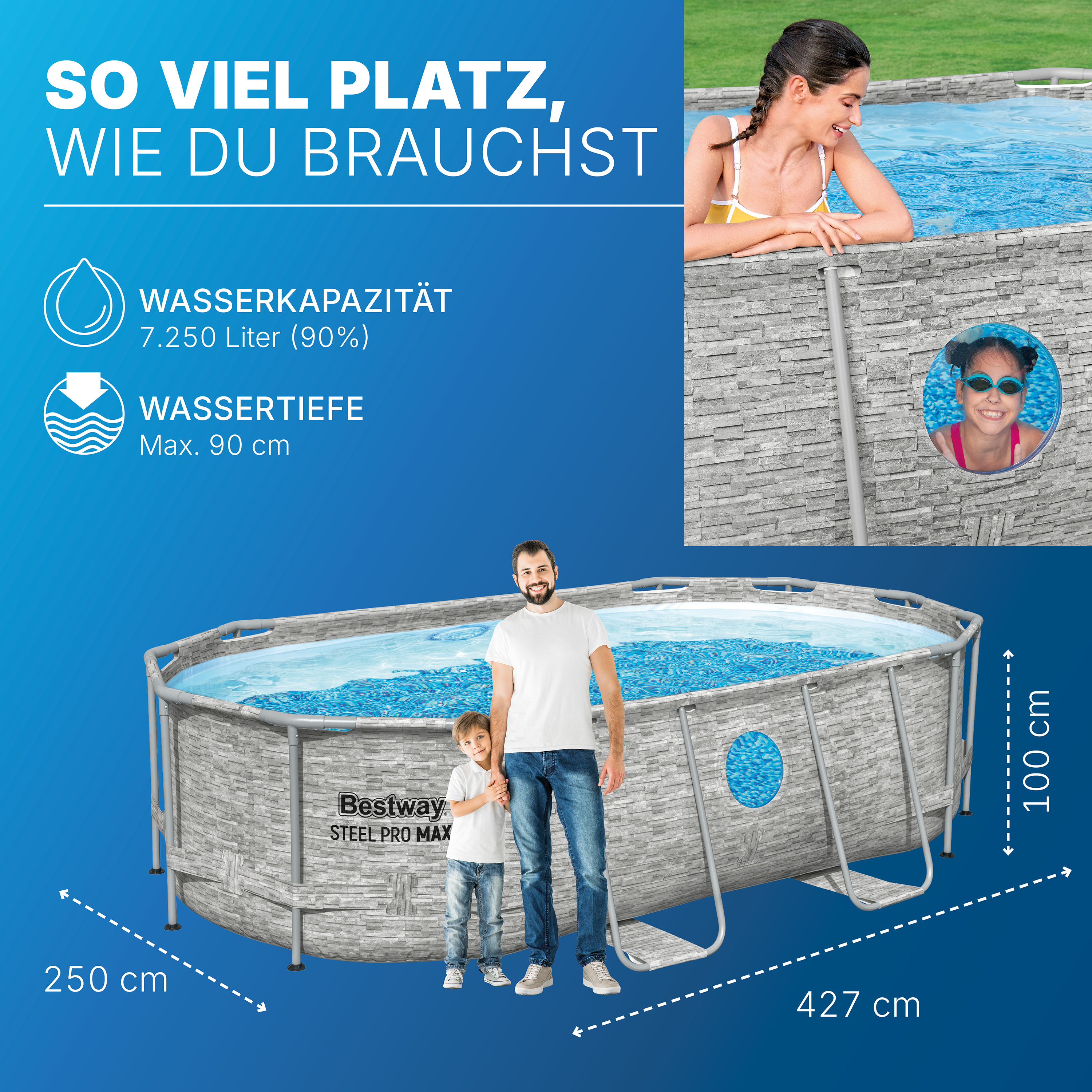 Steel Pro MAX™ Splashview™ Solo Pool ohne Zubehör 427 x 250 x 100 cm, Steinwand-Optik (Cremegrau), oval