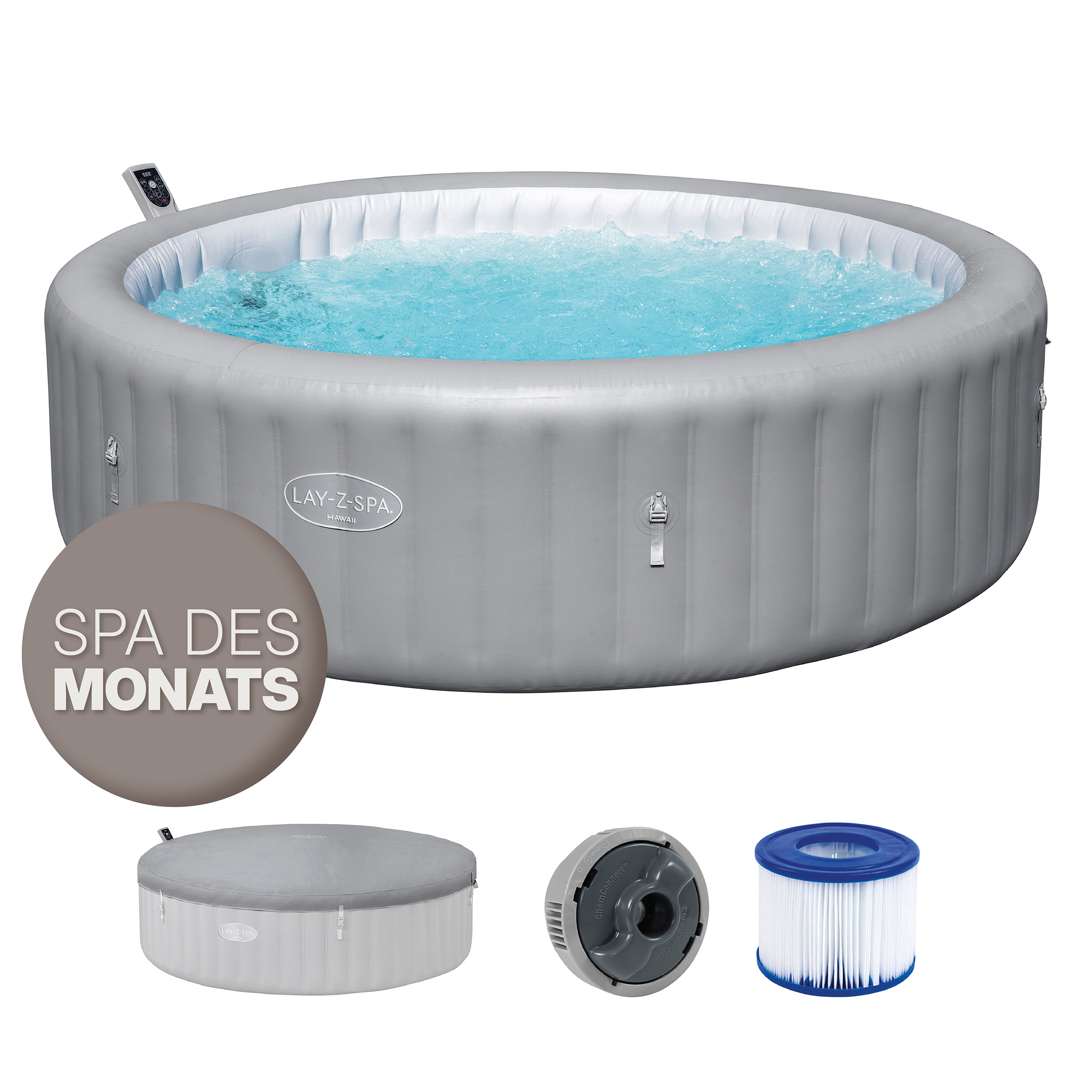 LAY-Z-SPA® Energiespar Whirlpool Hawaii AirJet™ mit App Steuerung, für 8 Personen Ø 236 x 71 cm, Silbergrau