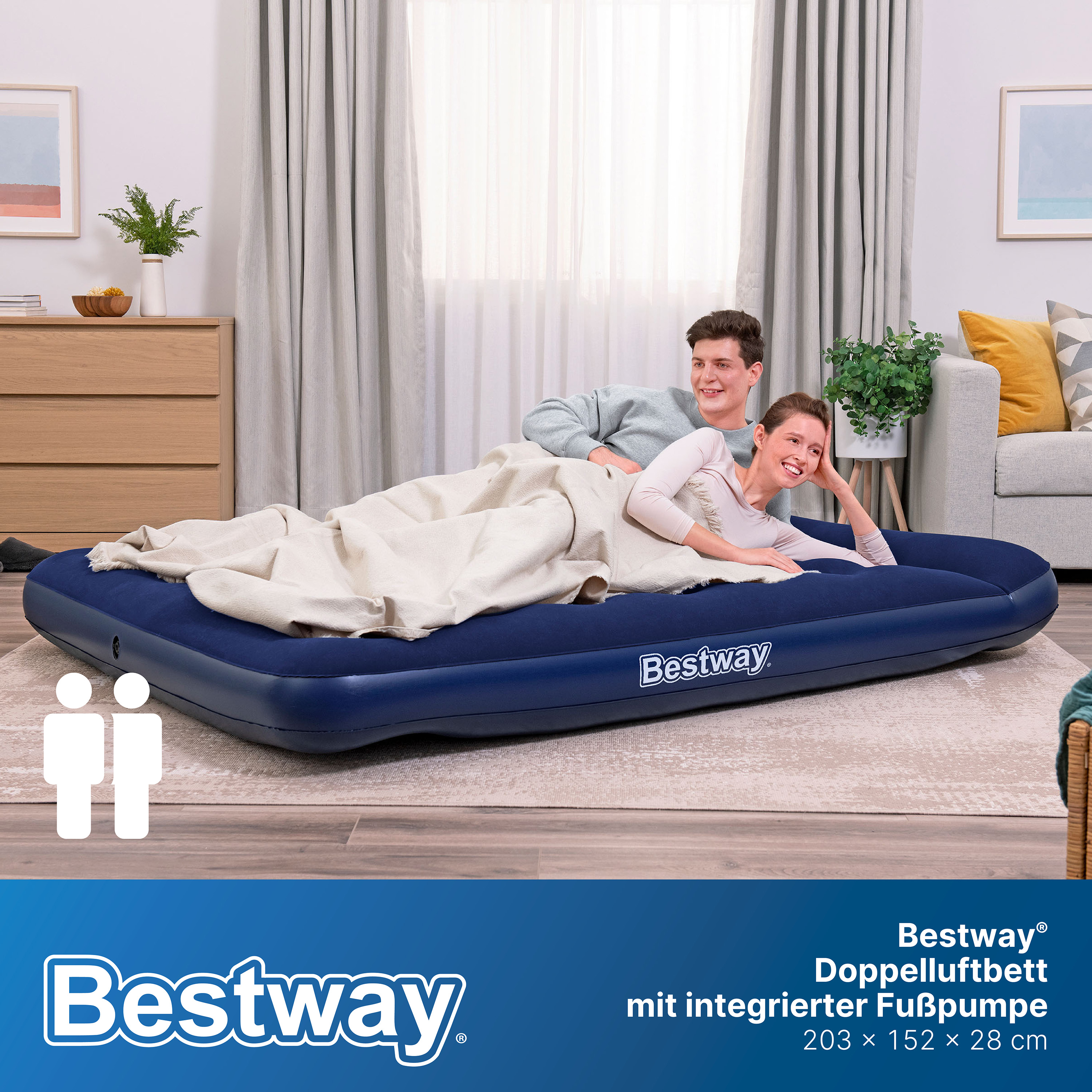 Doppelluftbett mit integrierter Fußpumpe 203 x 152 x 28 cm