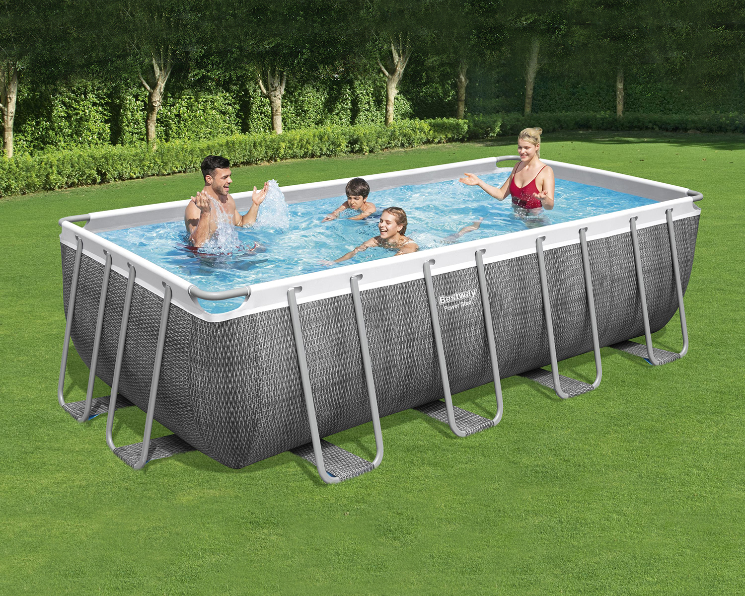 Power Steel™ Frame Pool Komplett-Set mit Filterpumpe 488 x 244 x 122 cm, Rattan-Optik (Schiefergrau), eckig
