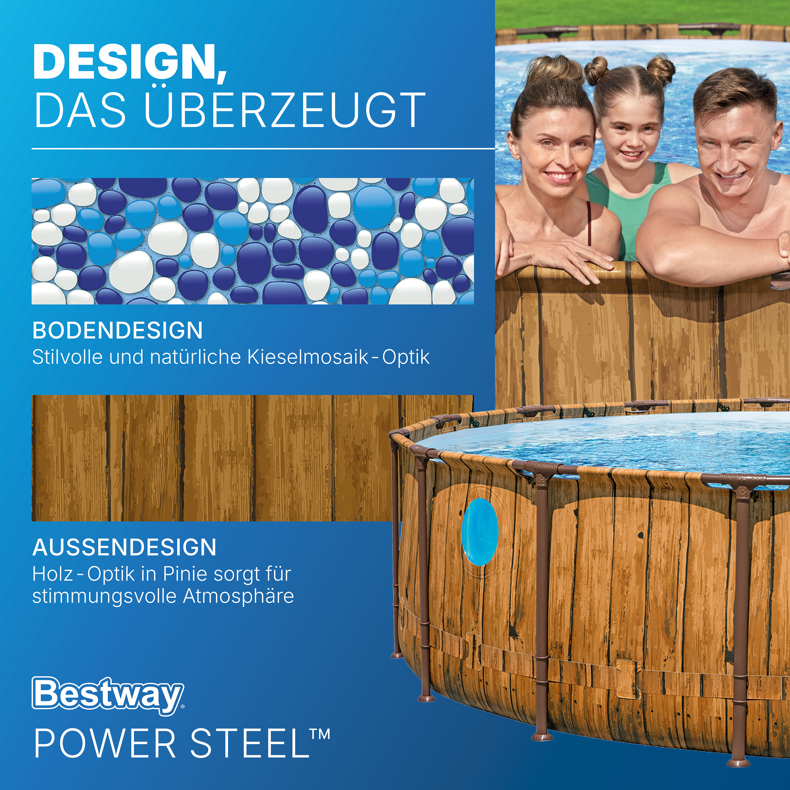 Power Steel™ Swim Vista Series™ Frame Pool Komplett Set mit Filterpumpe Ø 488 x 122 cm, Holz-Optik (Pinie), rund