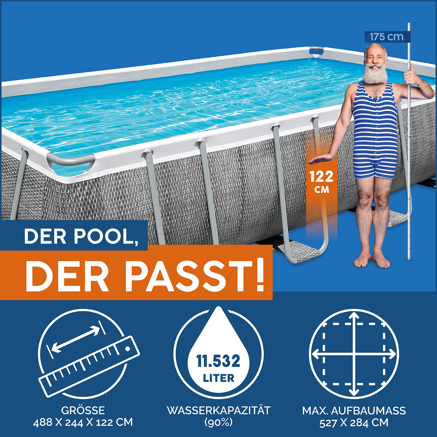 Power Steel™ Frame Pool Komplett-Set mit Filterpumpe 488 x 244 x 122 cm, Rattan-Optik (Schiefergrau), eckig