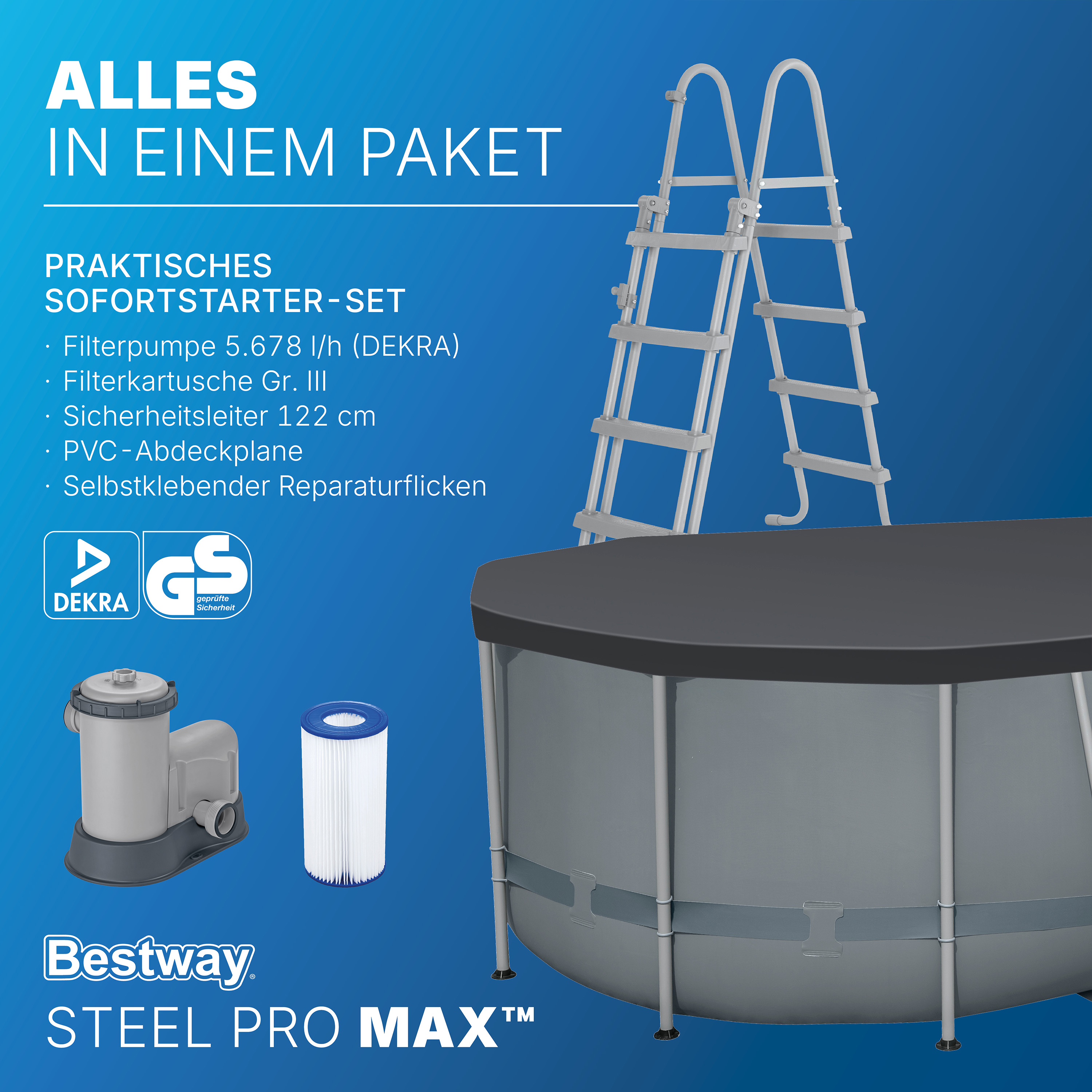 Steel Pro MAX™ Frame Pool Komplett Set mit Filterpumpe 549 x 274 x 122 cm, grau, oval