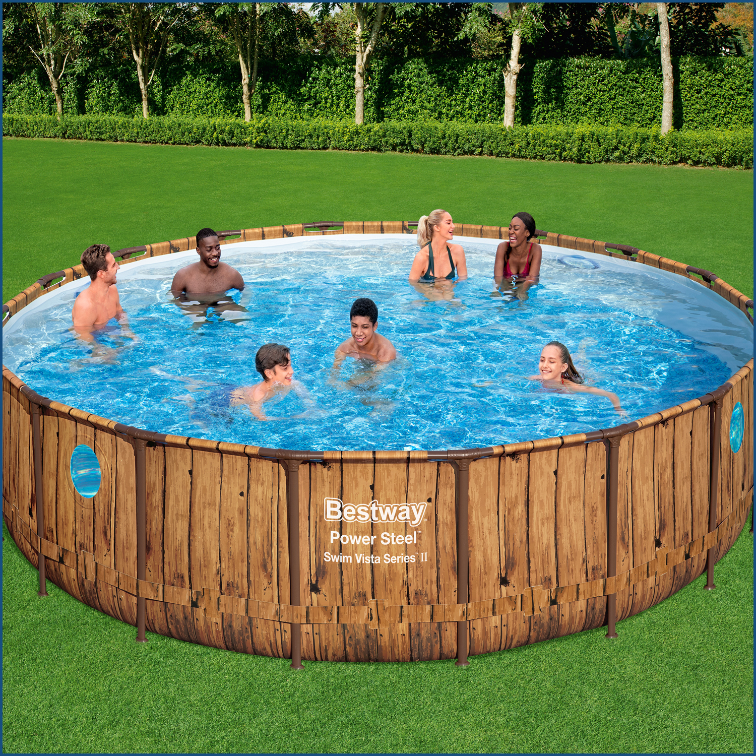 Power Steel™ Swim Vista Series™ Frame Pool Komplett-Set mit Filterpumpe Ø 549 x 122 cm, Holz-Optik (Pinie), rund