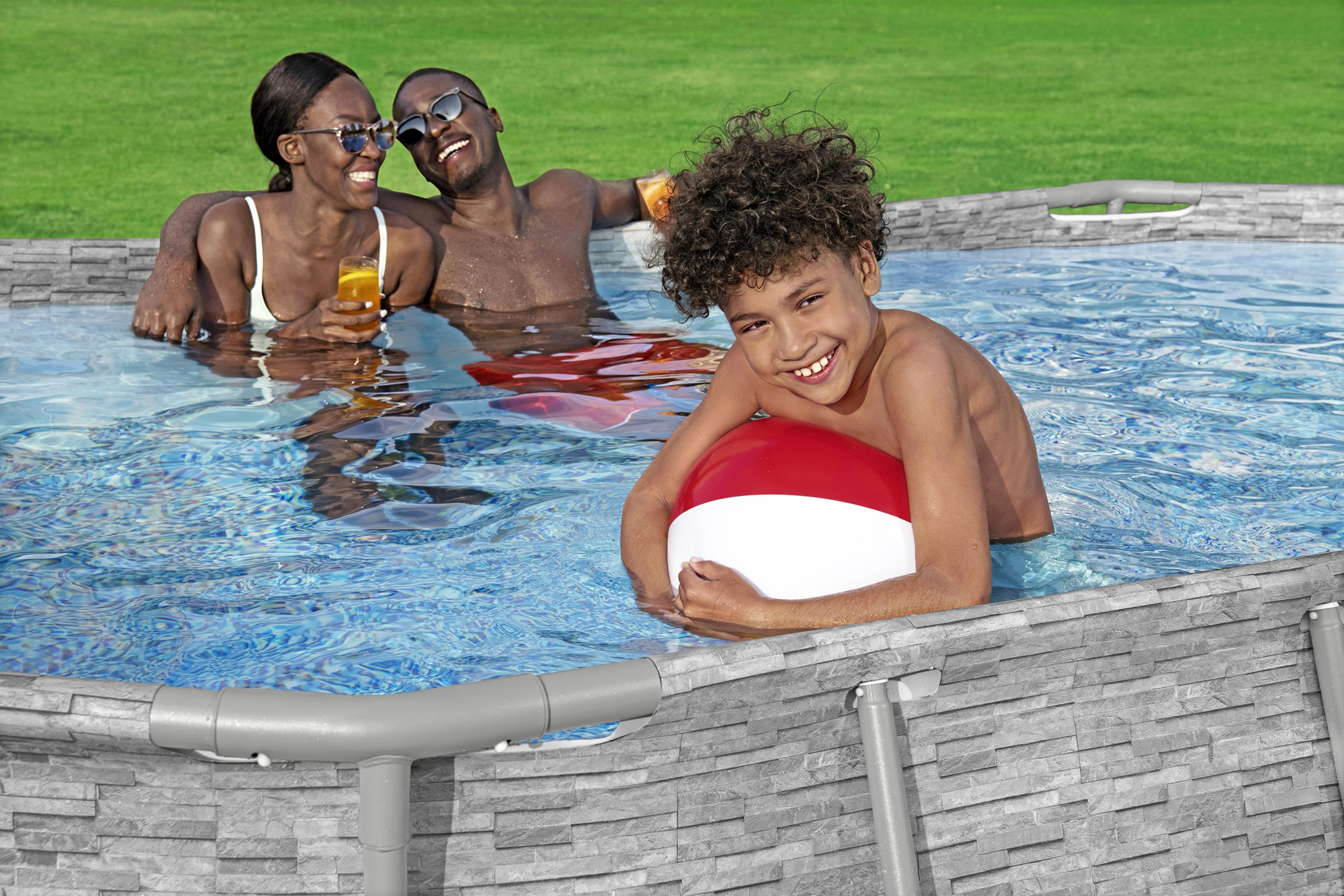 Steel Pro MAX™ Splashview™ Solo Pool ohne Zubehör 427 x 250 x 100 cm, Steinwand-Optik (Cremegrau), oval