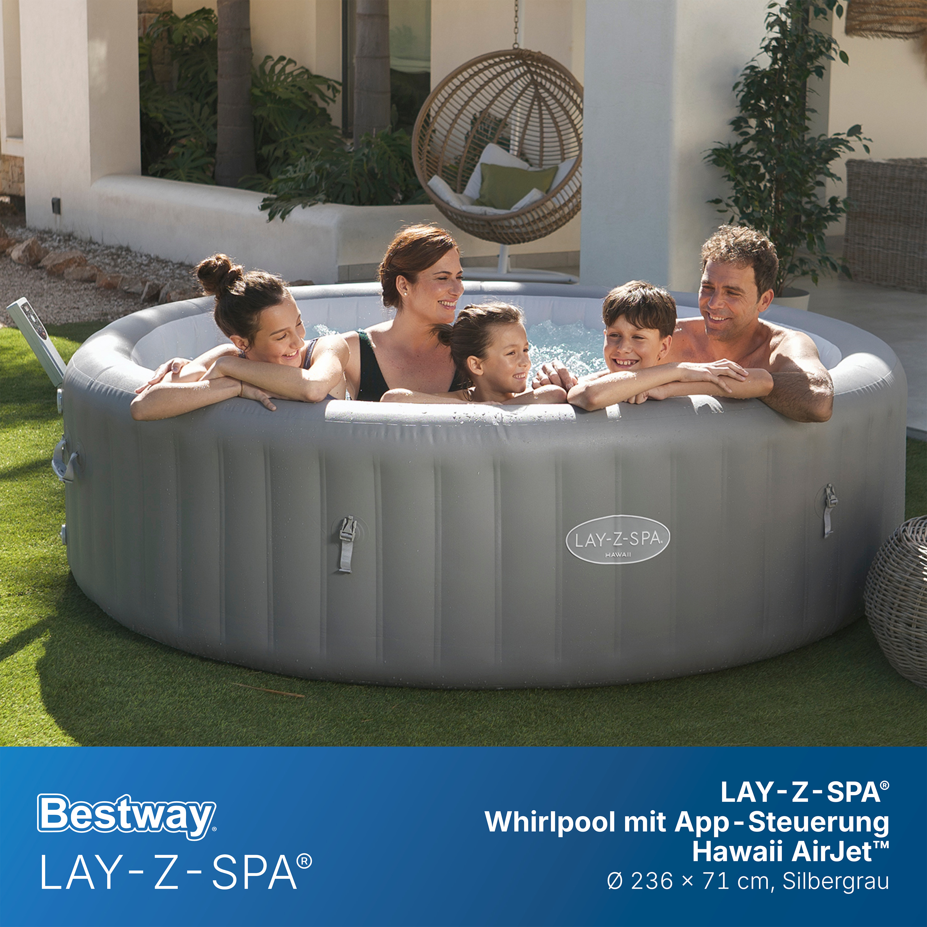 LAY-Z-SPA® WLAN-Whirlpool Hawaii AirJet™ mit App-Steuerung, für 8 Personen Ø 236 x 71 cm, Silbergrau
