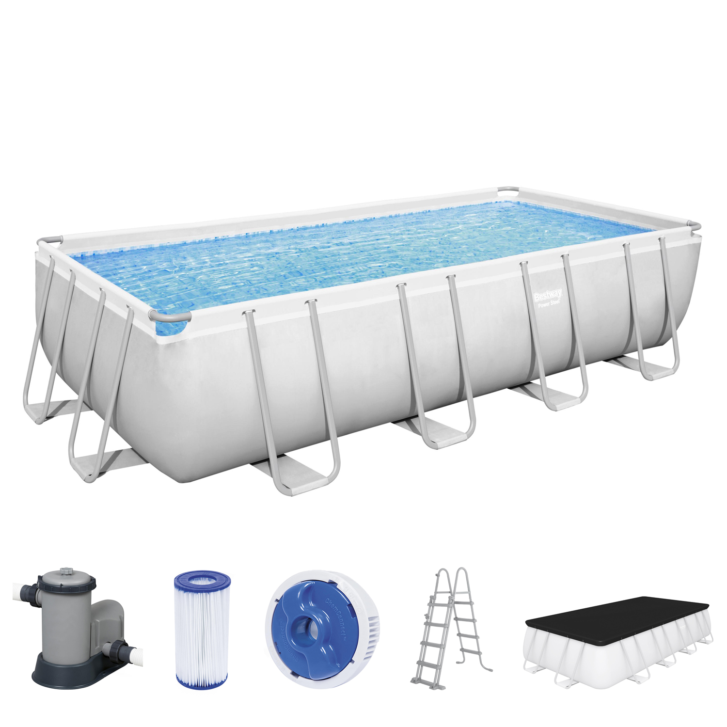 Power Steel™ Frame Pool Komplett-Set mit Filterpumpe 549 x 274 x 122 cm , lichtgrau, eckig