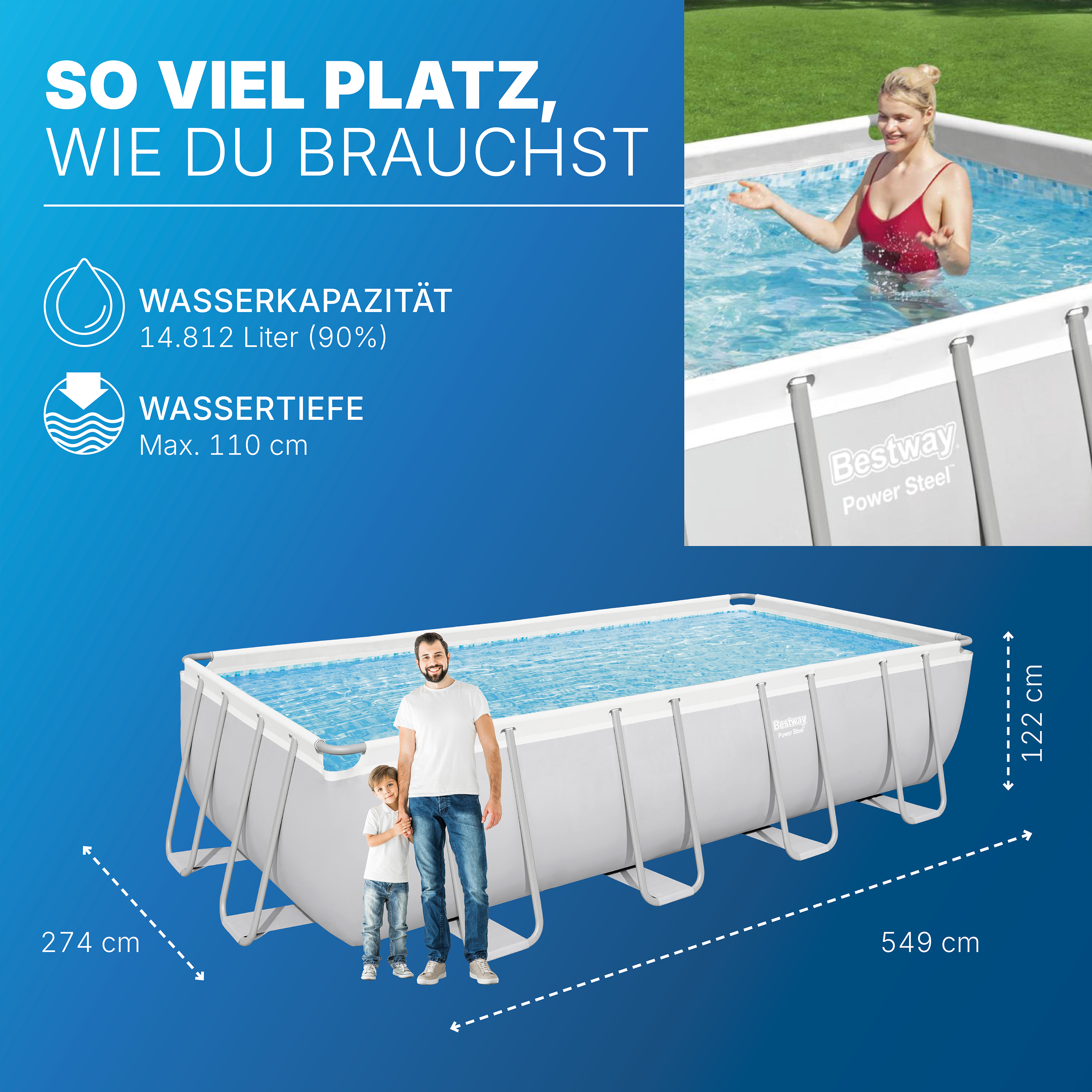 Power Steel™ Frame Pool Komplett Set mit Sandfilteranlage 549 x 274 x 122 cm, lichtgrau, eckig