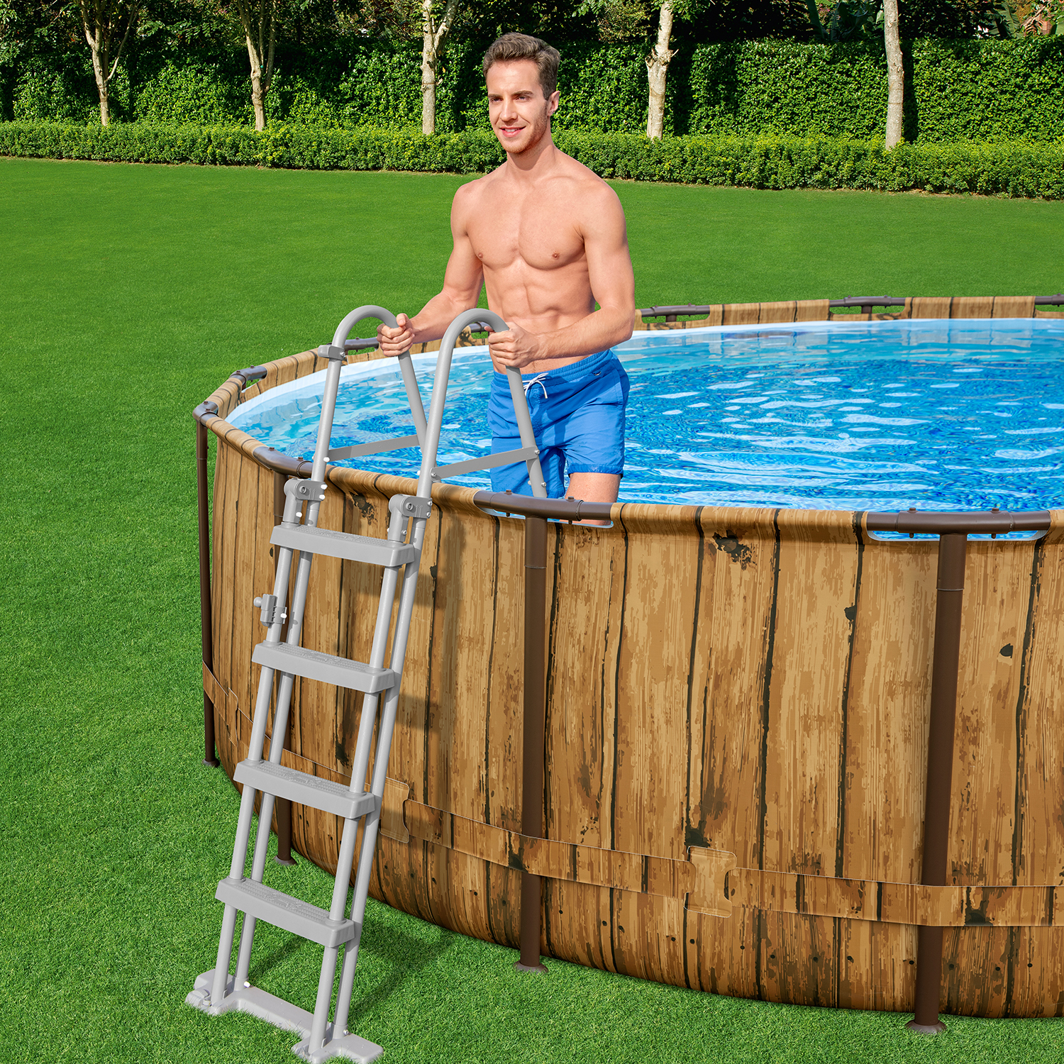 Power Steel™ Swim Vista Series™ Frame Pool Komplett Set mit Filterpumpe Ø 488 x 122 cm, Holz-Optik (Pinie), rund