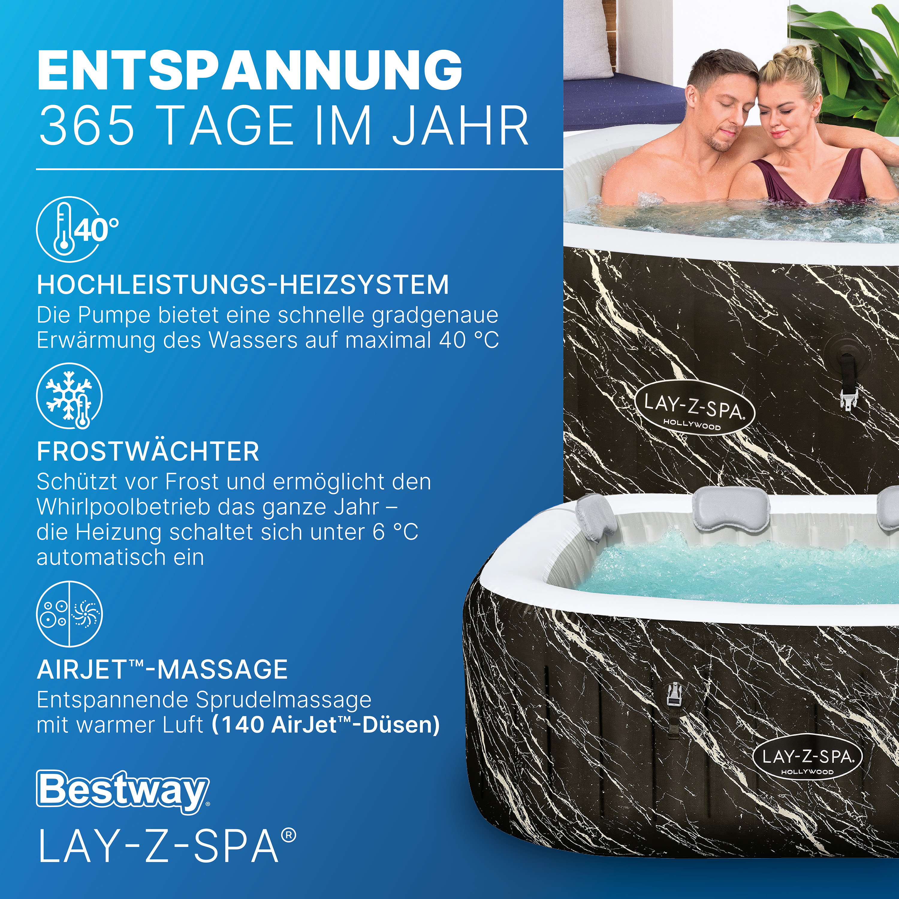 LAY-Z-SPA® LED Whirlpool Hollywood AirJet™ für 6 Personen 180 x 180 x 66 cm, Marmor-Optik (Marquinia)