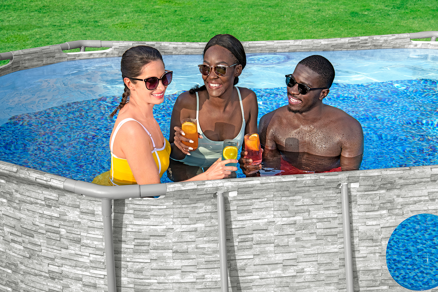 Steel Pro MAX™ Splashview™ Frame Pool Komplett-Set mit Filterpumpe 427 x 250 x 100 cm, Steinwand-Optik (Cremegrau), oval