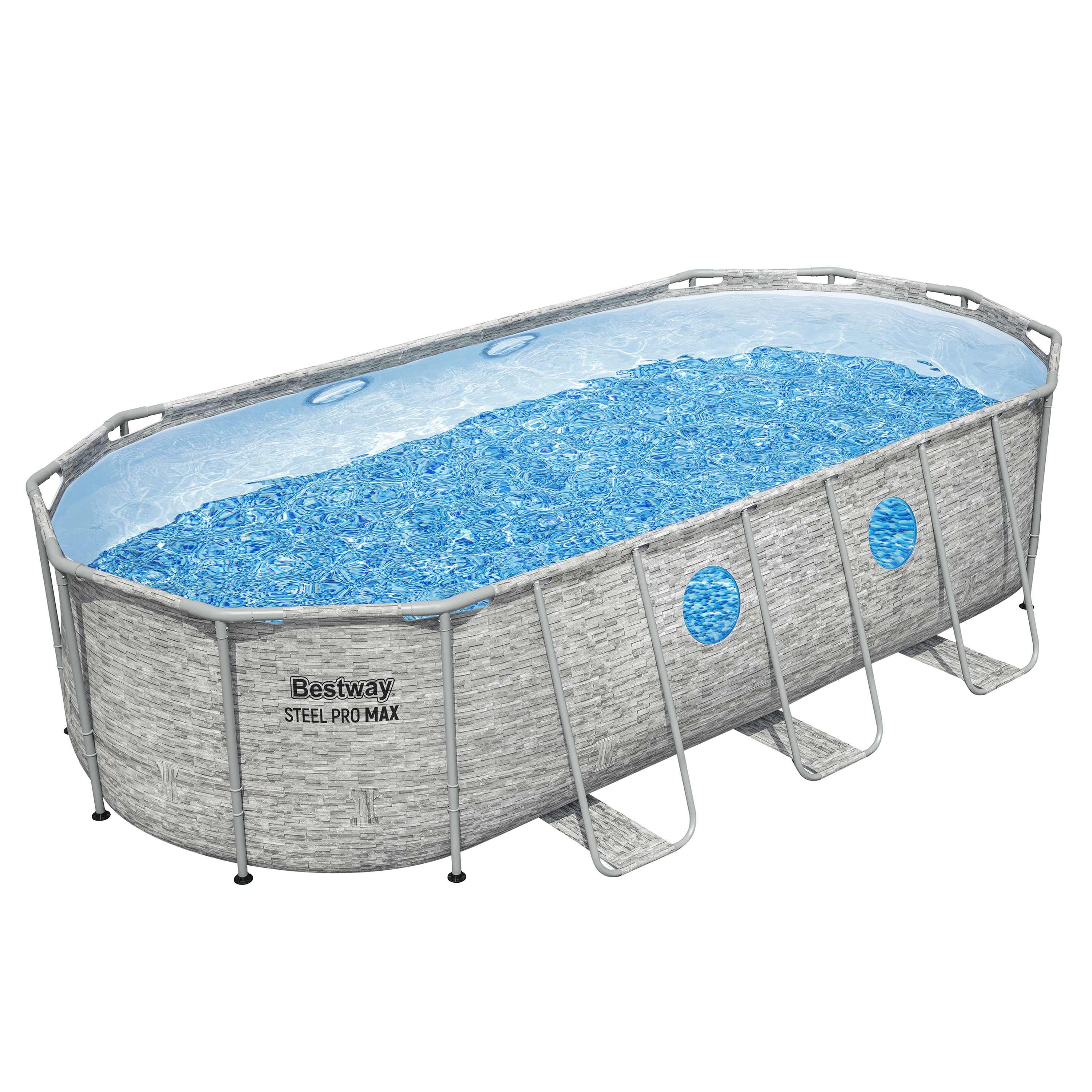 Steel Pro MAX™ Splashview™ Frame Pool Komplett Set mit Filterpumpe 549 x 274 x 122 cm, Steinwand-Optik (Cremegrau), oval