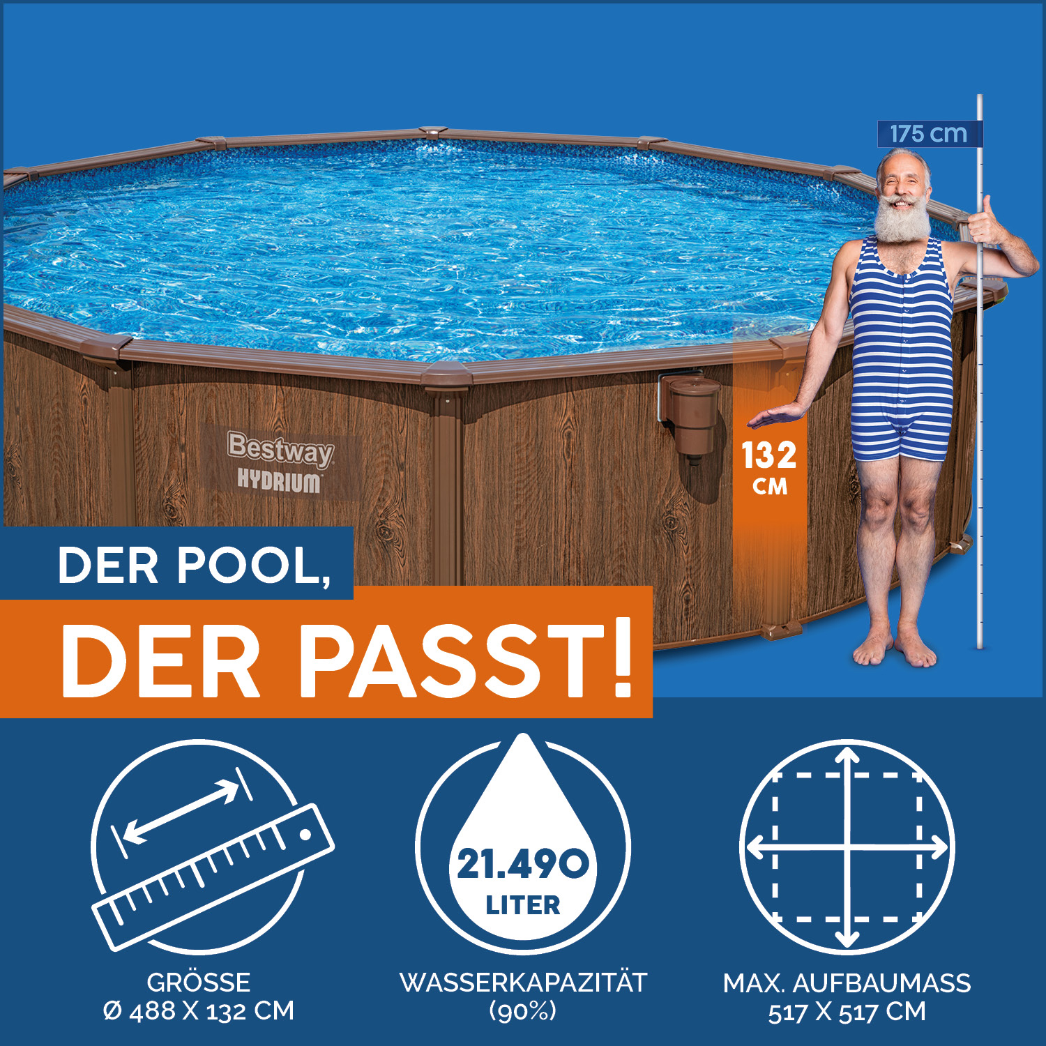 Hydrium™ Stahlwandpool Komplett-Set mit Sandfilteranlage  Ø 488 x 132 cm, Holz-Optik (Palisander), rund